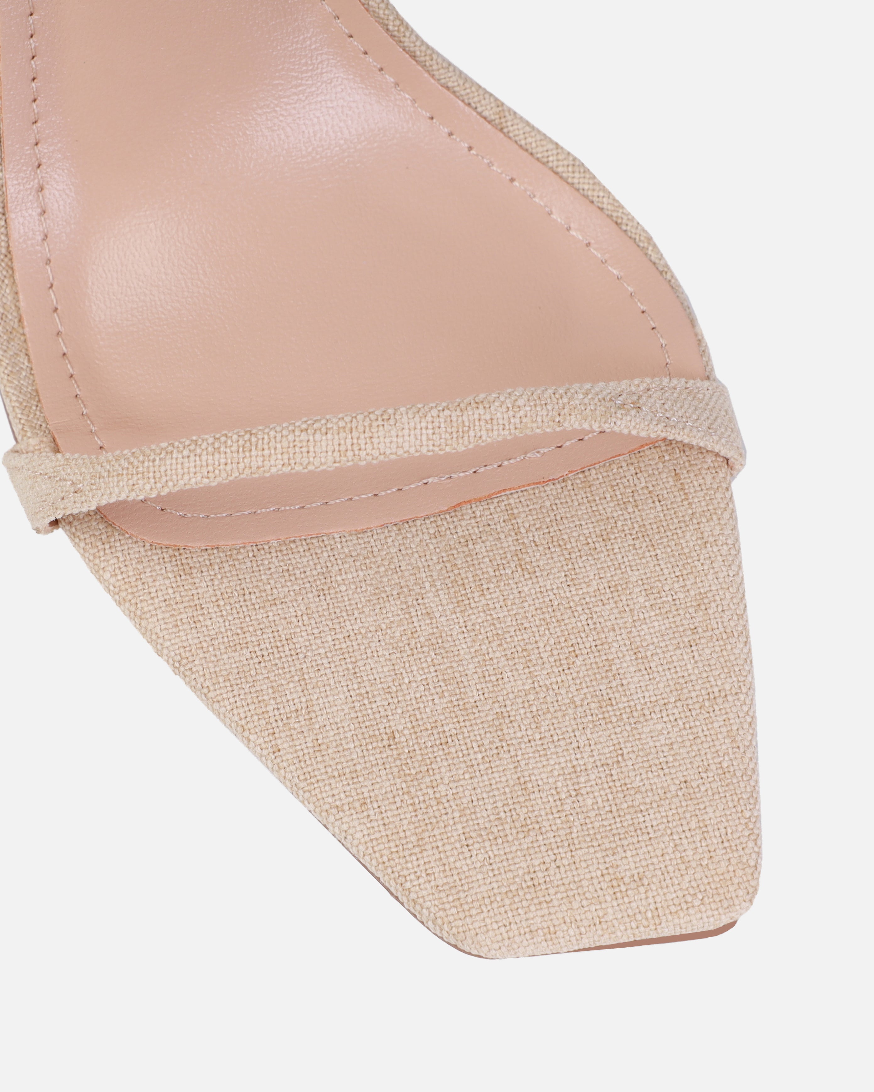 Nolan Beige Linen Strappy Square Toe Stiletto Heels | SIMMI London