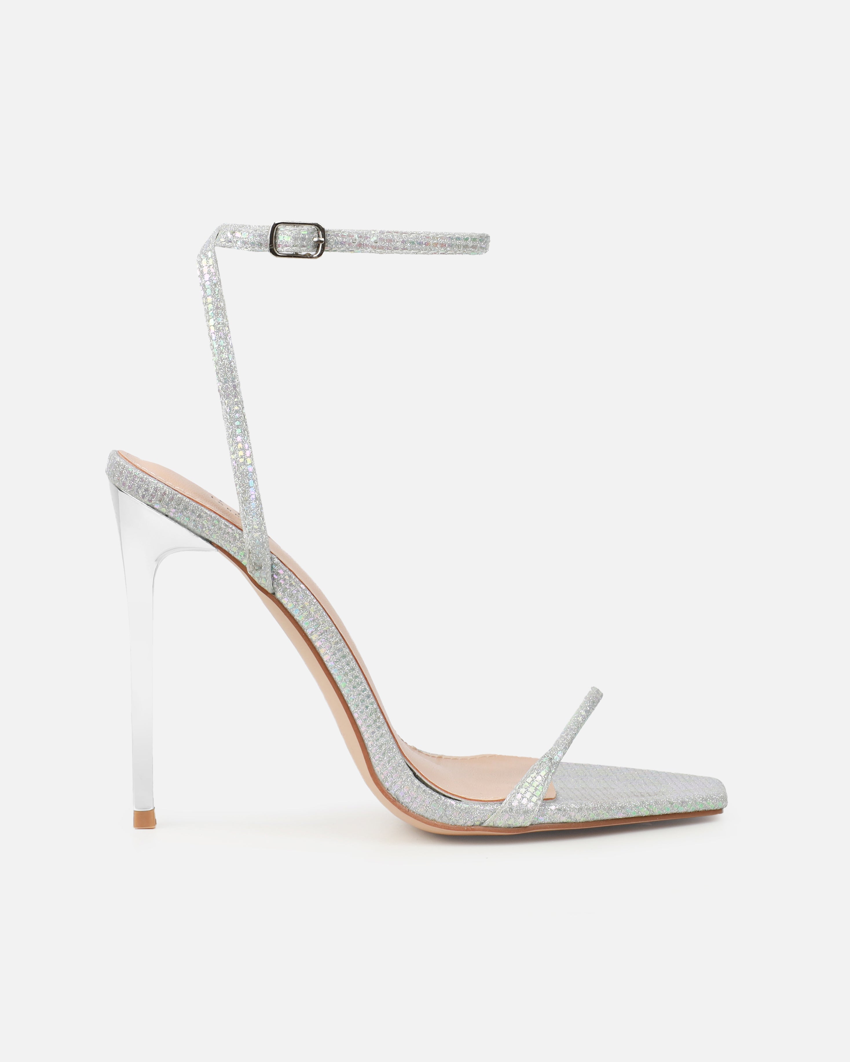 Moon Silver Shimmer Stiletto Heeled Sandals  | SIMMI London