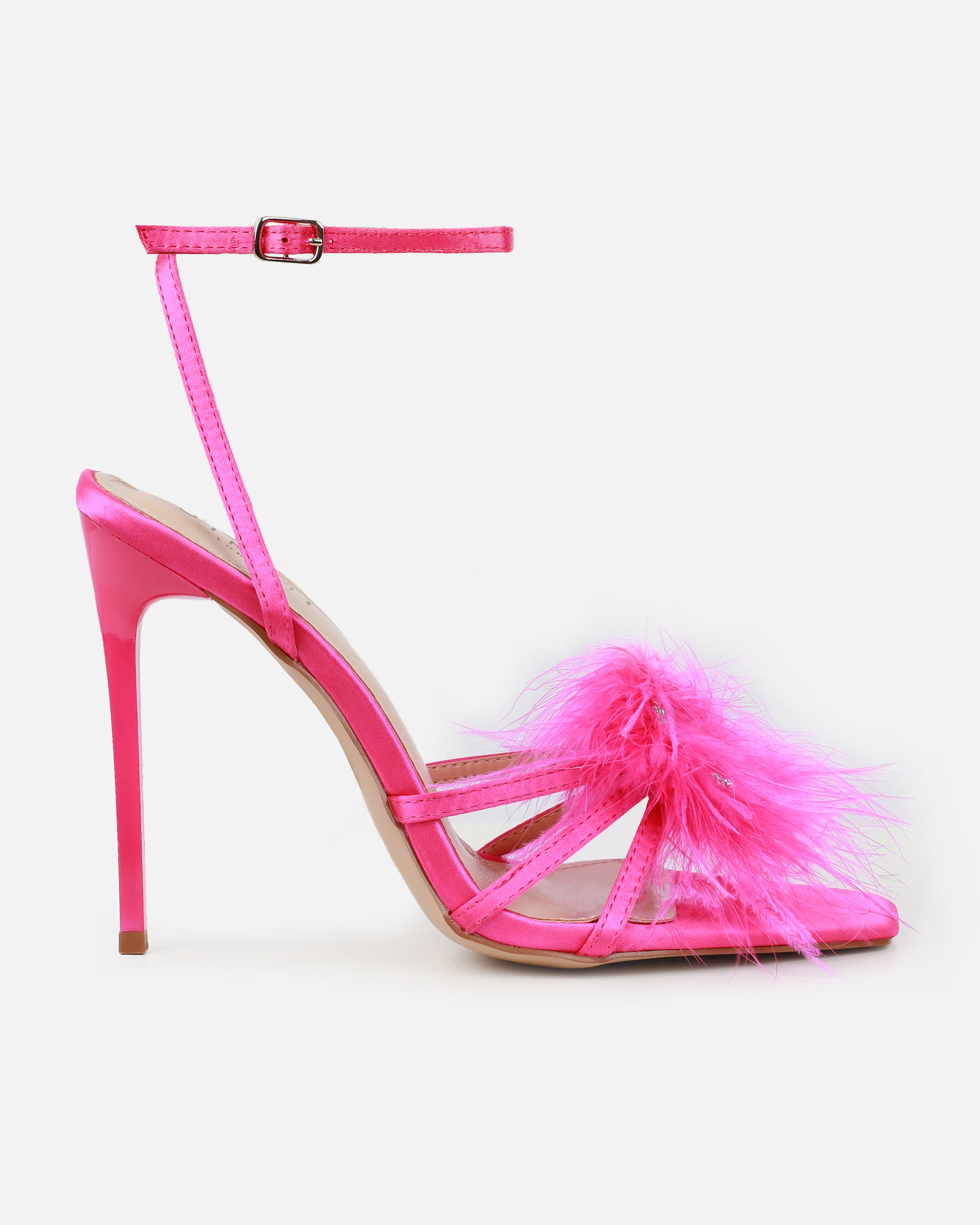 Amabel Hot Pink Satin Fluffy Diamante Heels | SIMMI London