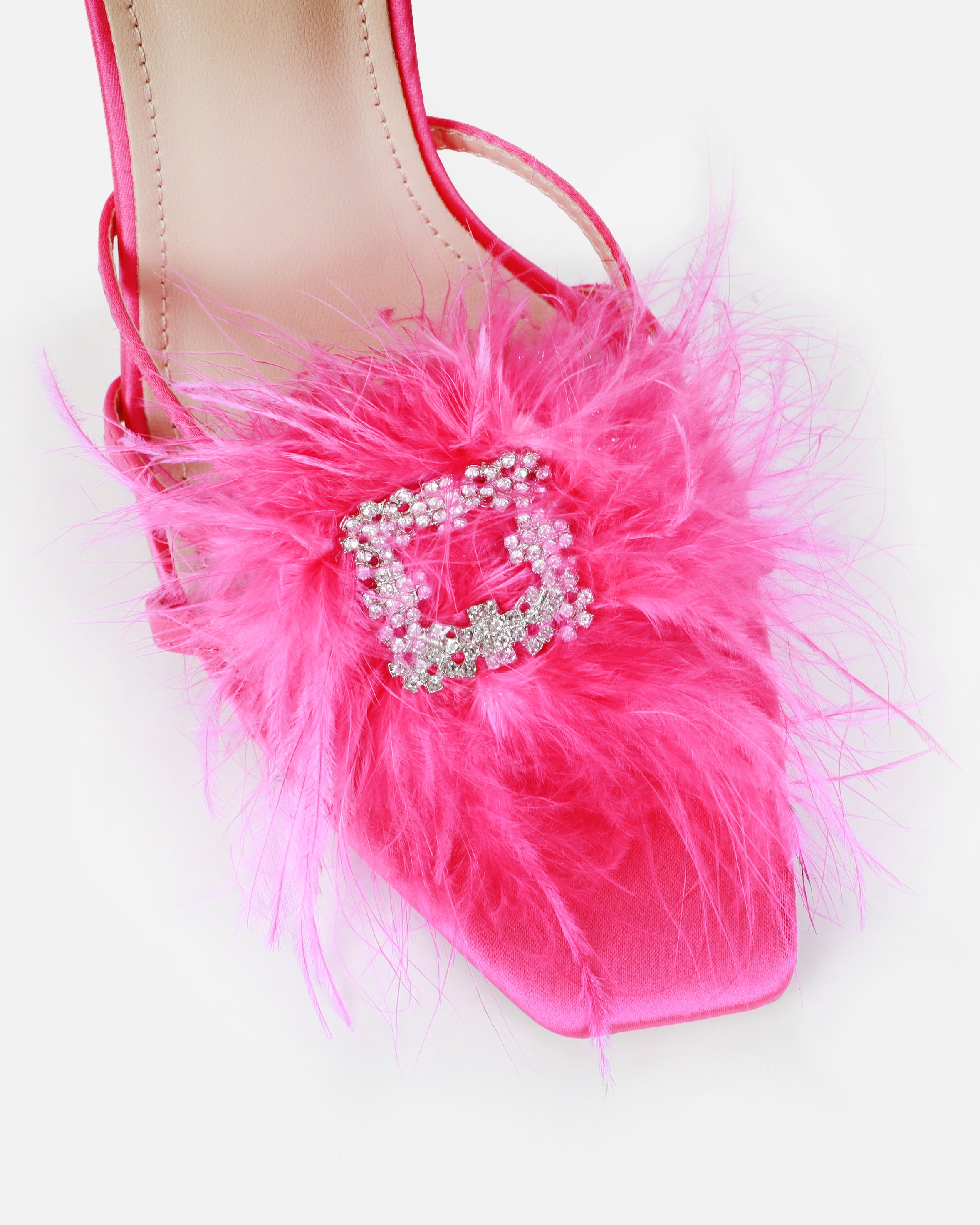 Amabel Hot Pink Satin Fluffy Diamante Heels | SIMMI London