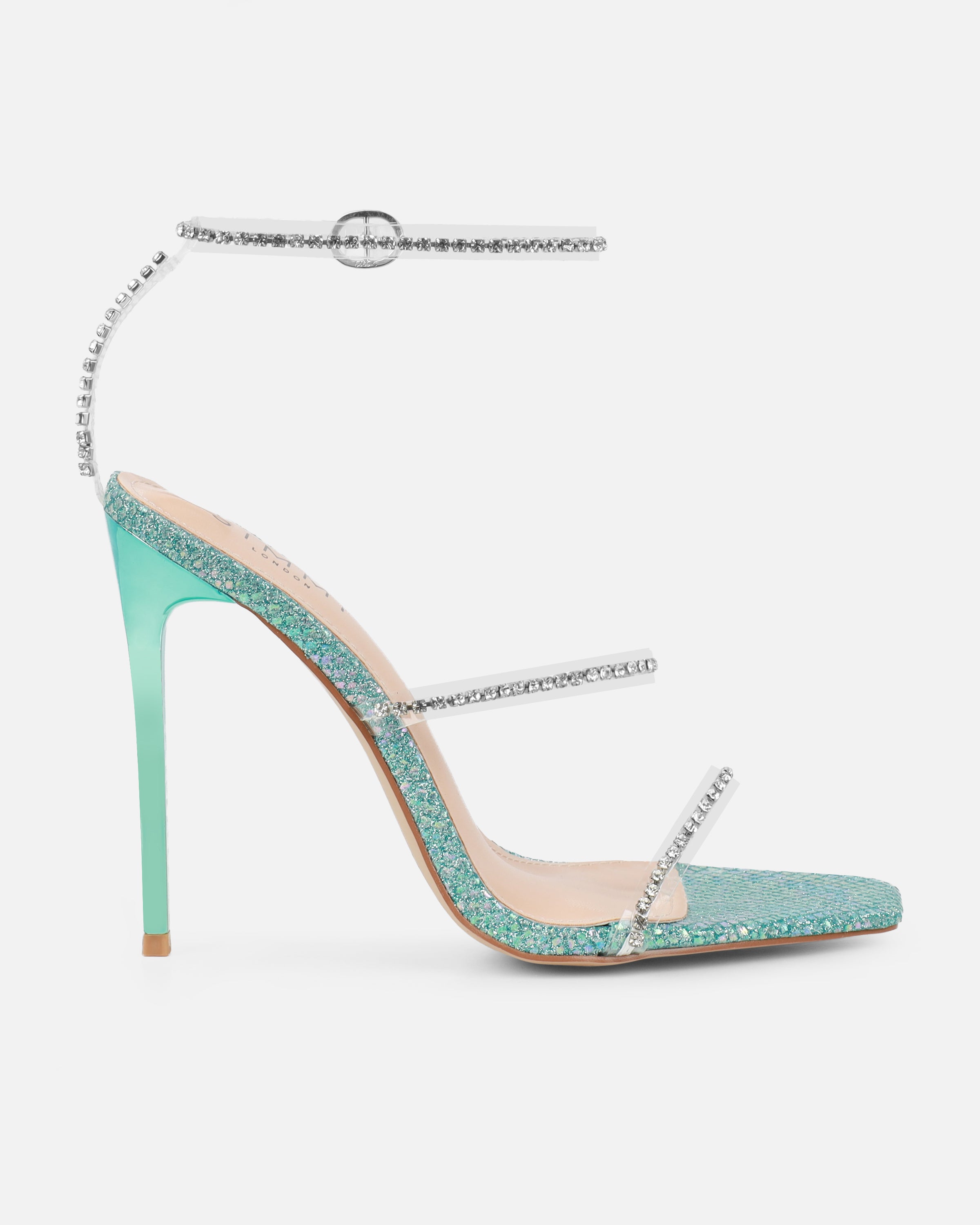 Emeriee Clear Blue Glitter Faux Snake Diamante Heeled Sandals | SIMMI London