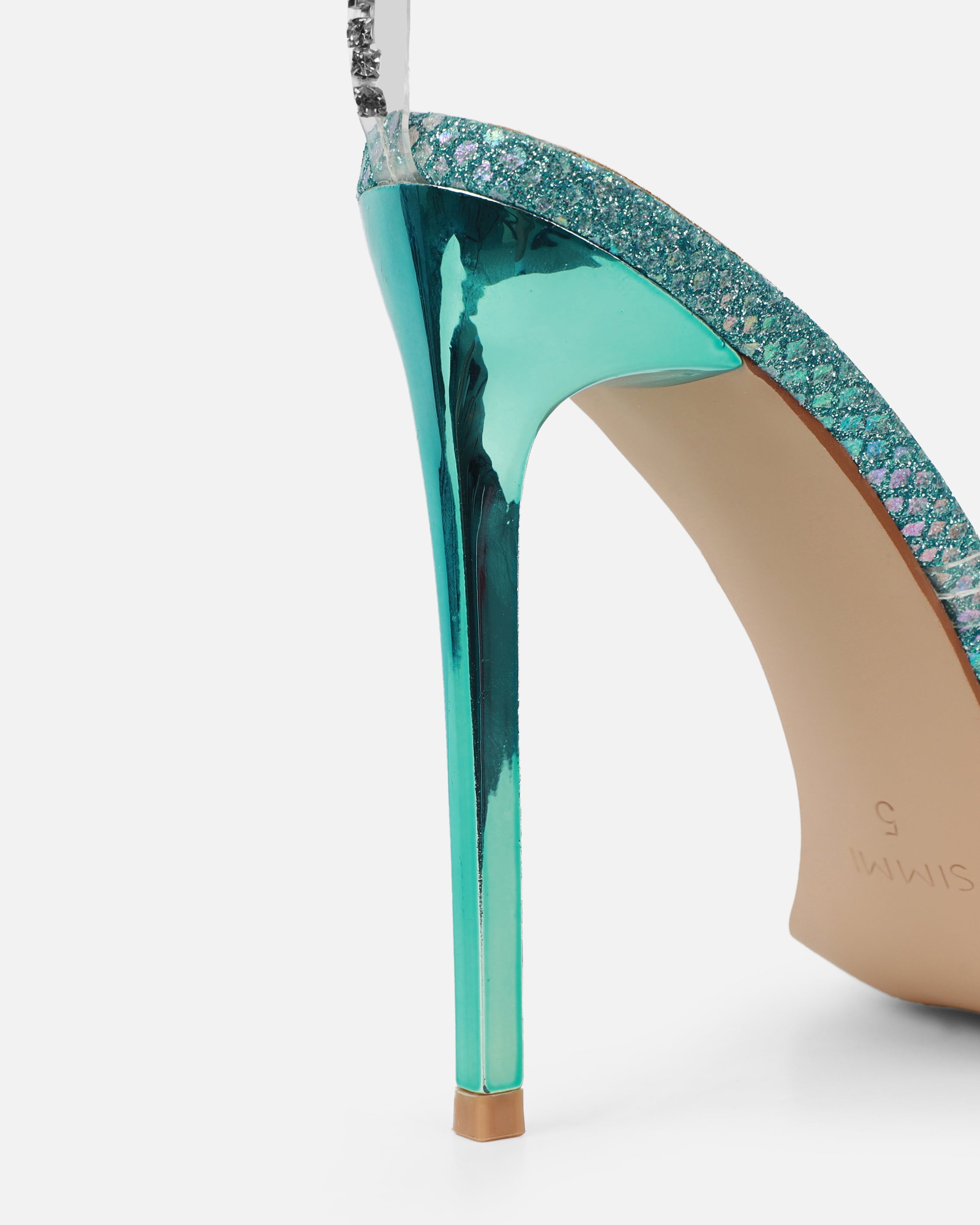 Emeriee Clear Blue Glitter Faux Snake Diamante Heeled Sandals | SIMMI London