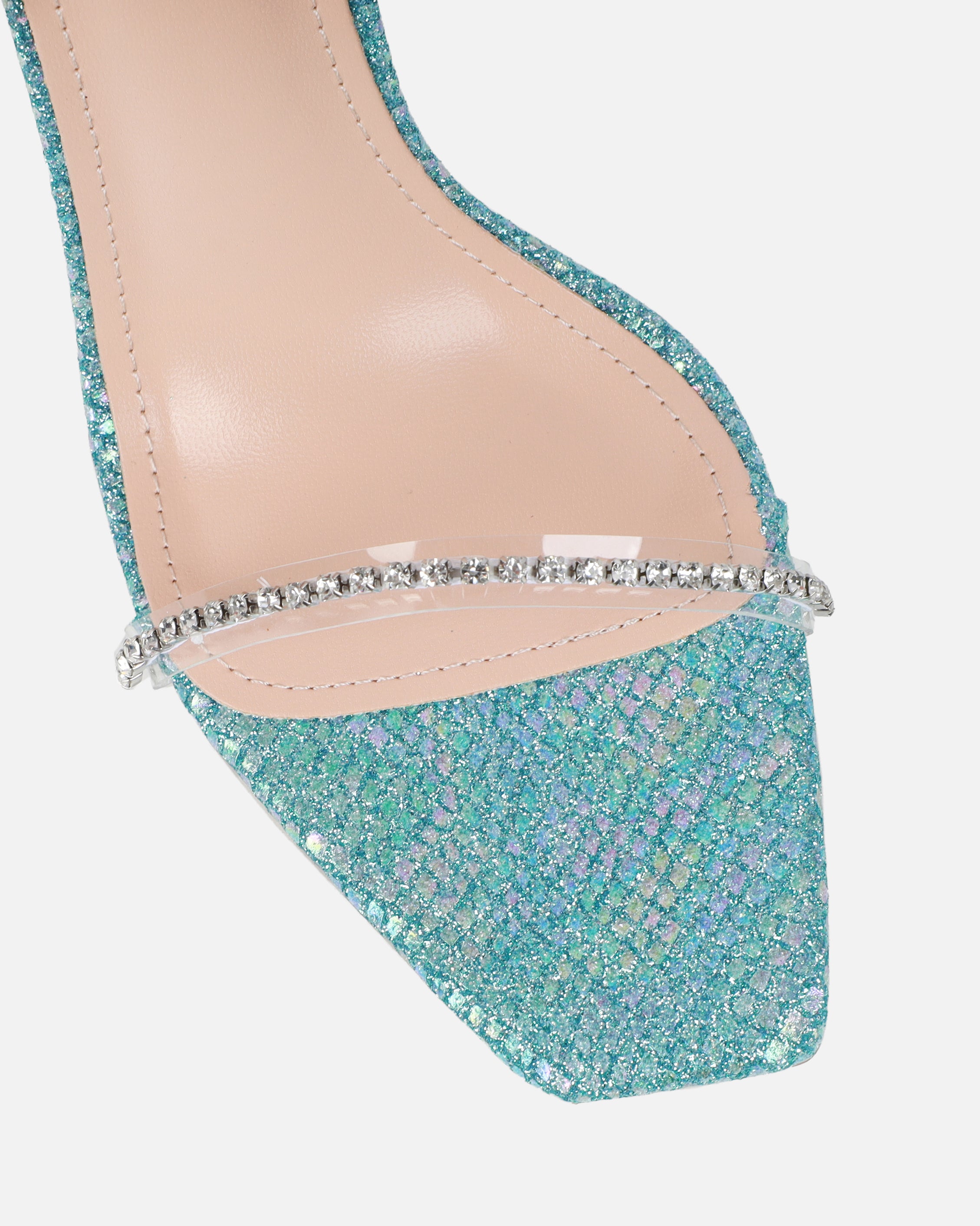 Emeriee Clear Blue Glitter Faux Snake Diamante Heeled Sandals | SIMMI London