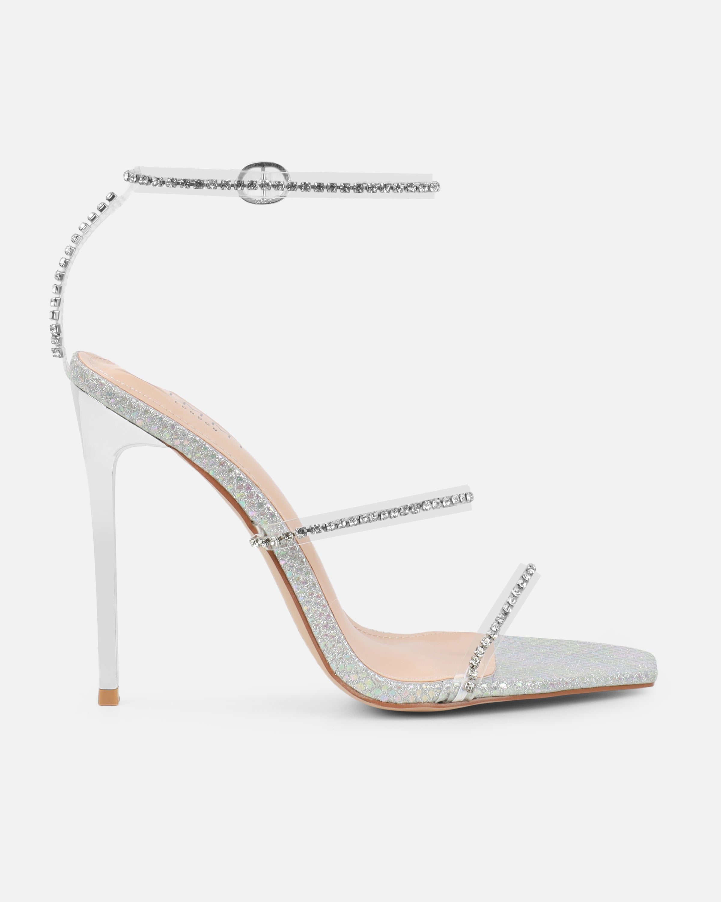 Emeriee Clear Silver Glitter Faux Snake Diamante Heeled Sandals | SIMMI London