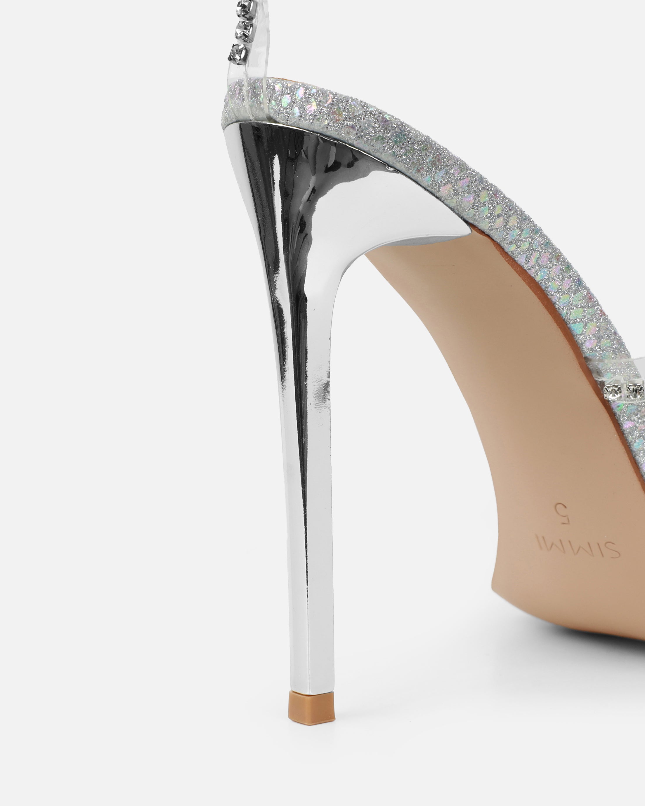 Emeriee Clear Silver Glitter Faux Snake Diamante Heeled Sandals | SIMMI London