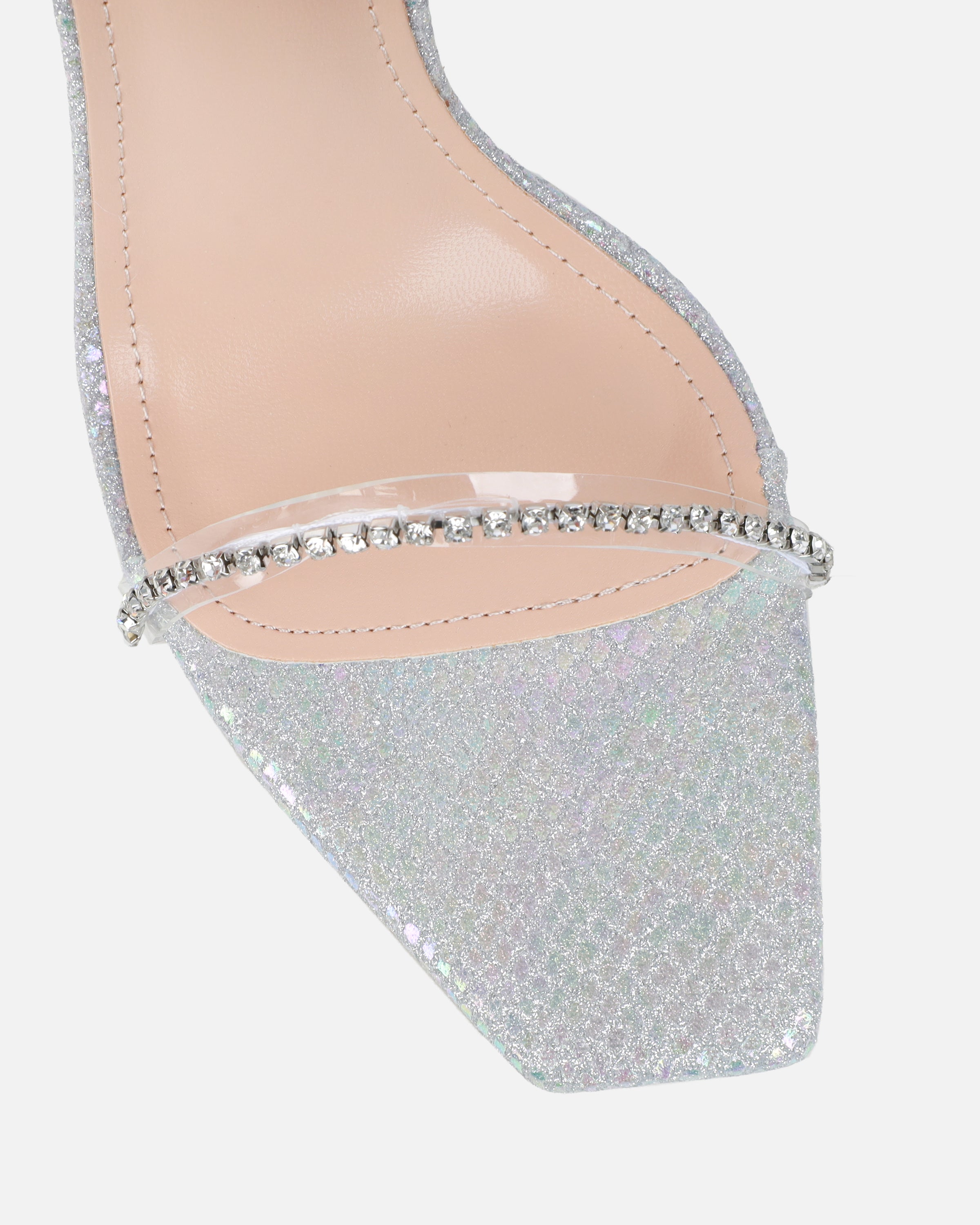 Emeriee Clear Silver Glitter Faux Snake Diamante Heeled Sandals | SIMMI London