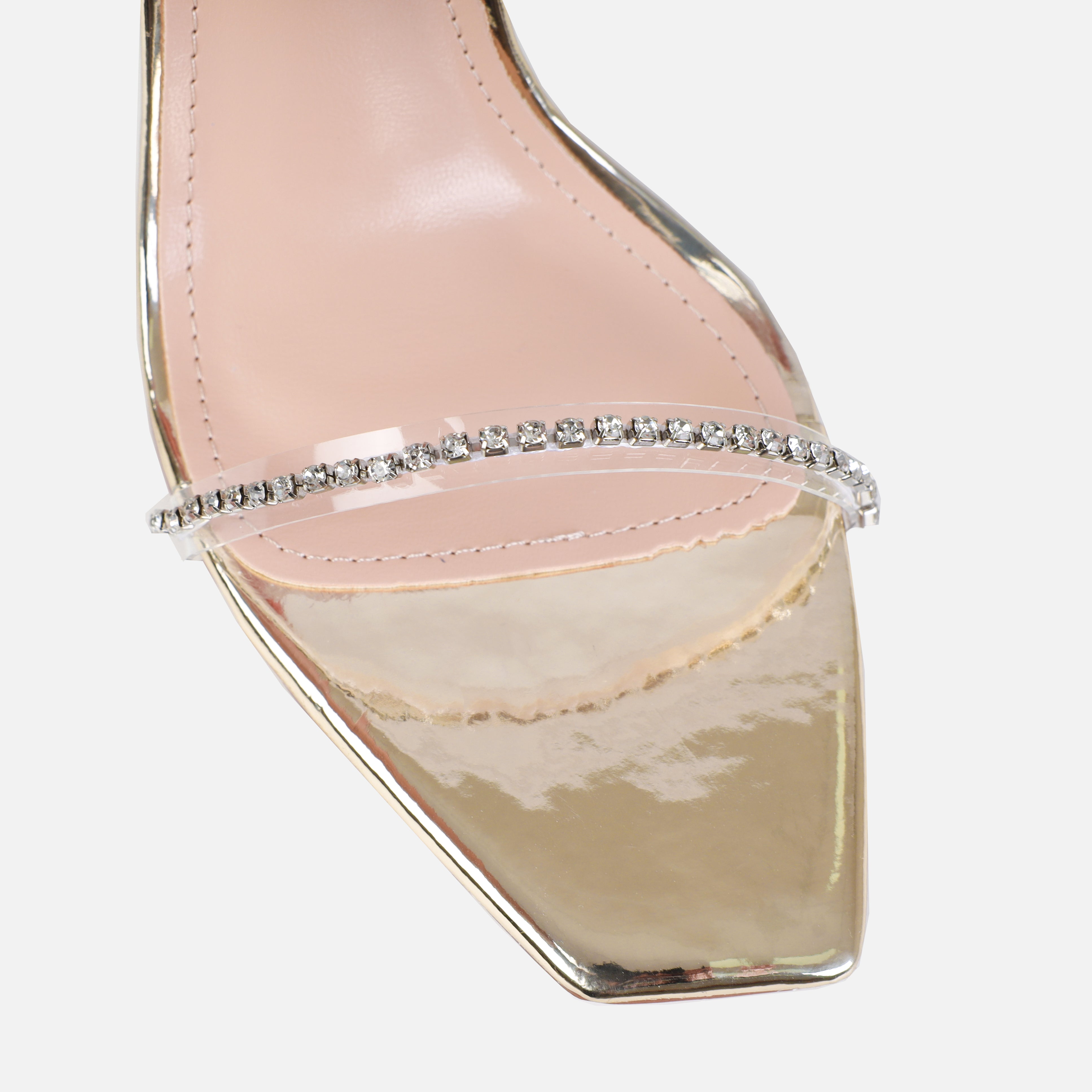 Emersyn Wide Fit Gold Mirror Clear Diamante High Heels | SIMMI London