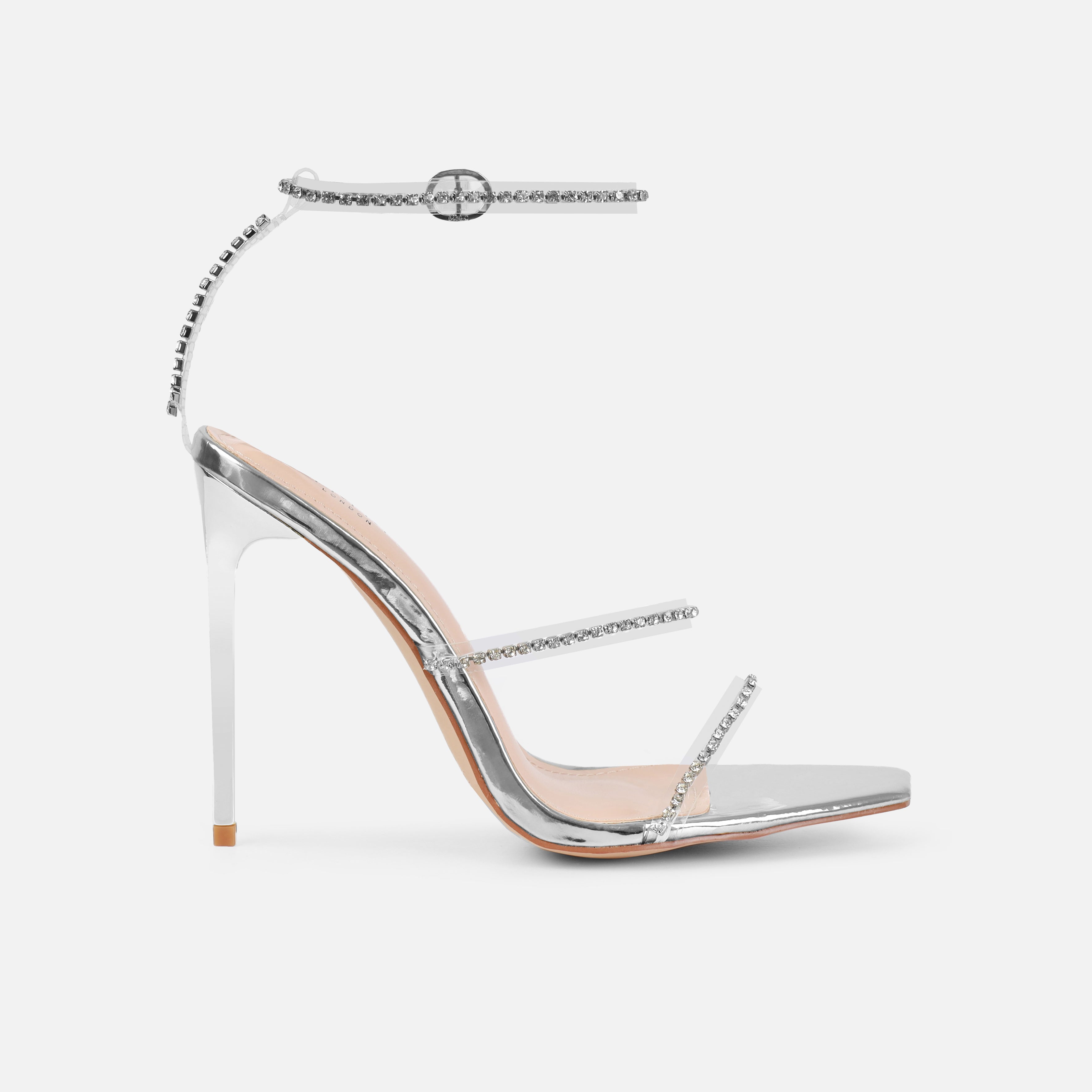 Emersyn Wide Fit Silver Mirror Clear Diamante High Heels | SIMMI London