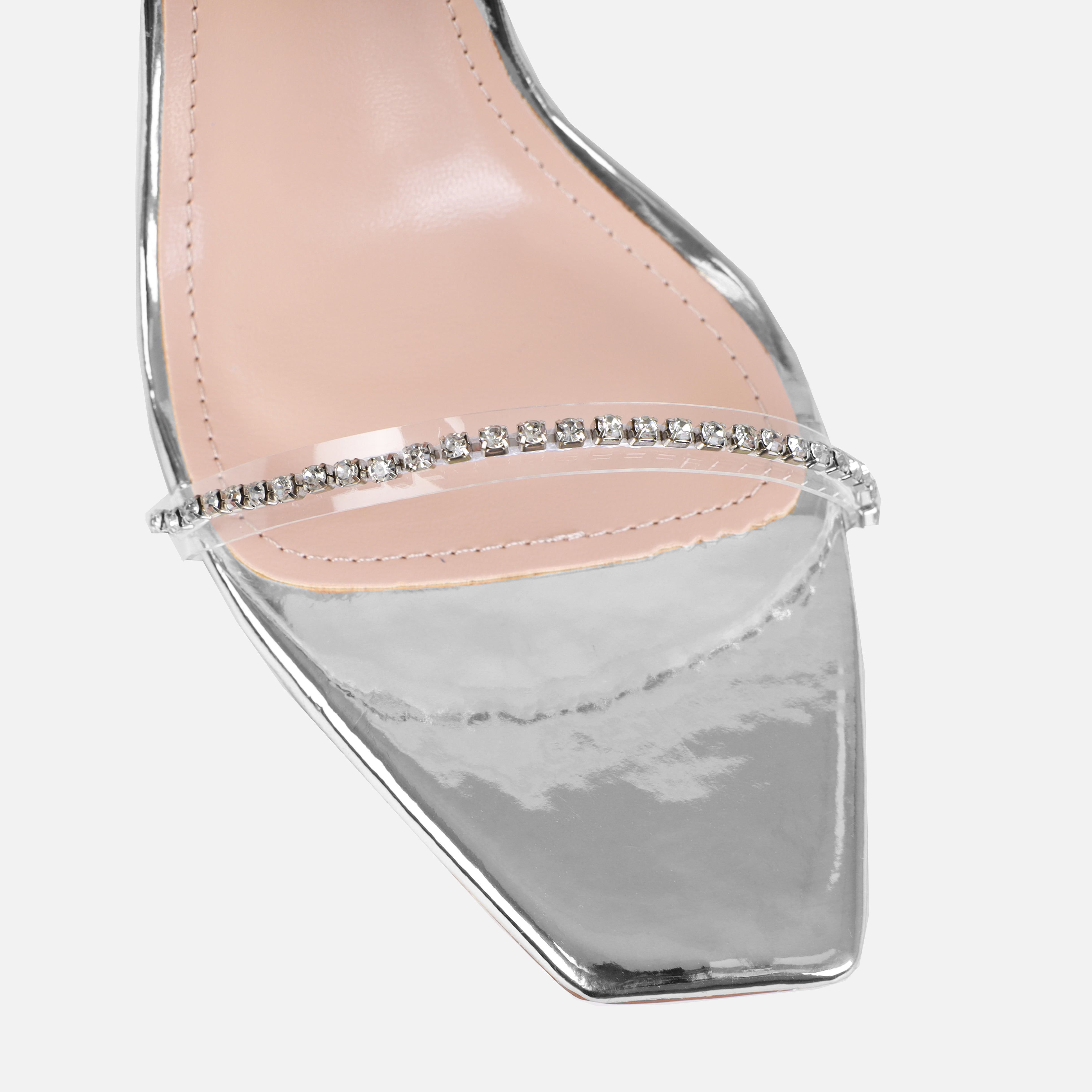 Emersyn Wide Fit Silver Mirror Clear Diamante High Heels | SIMMI London