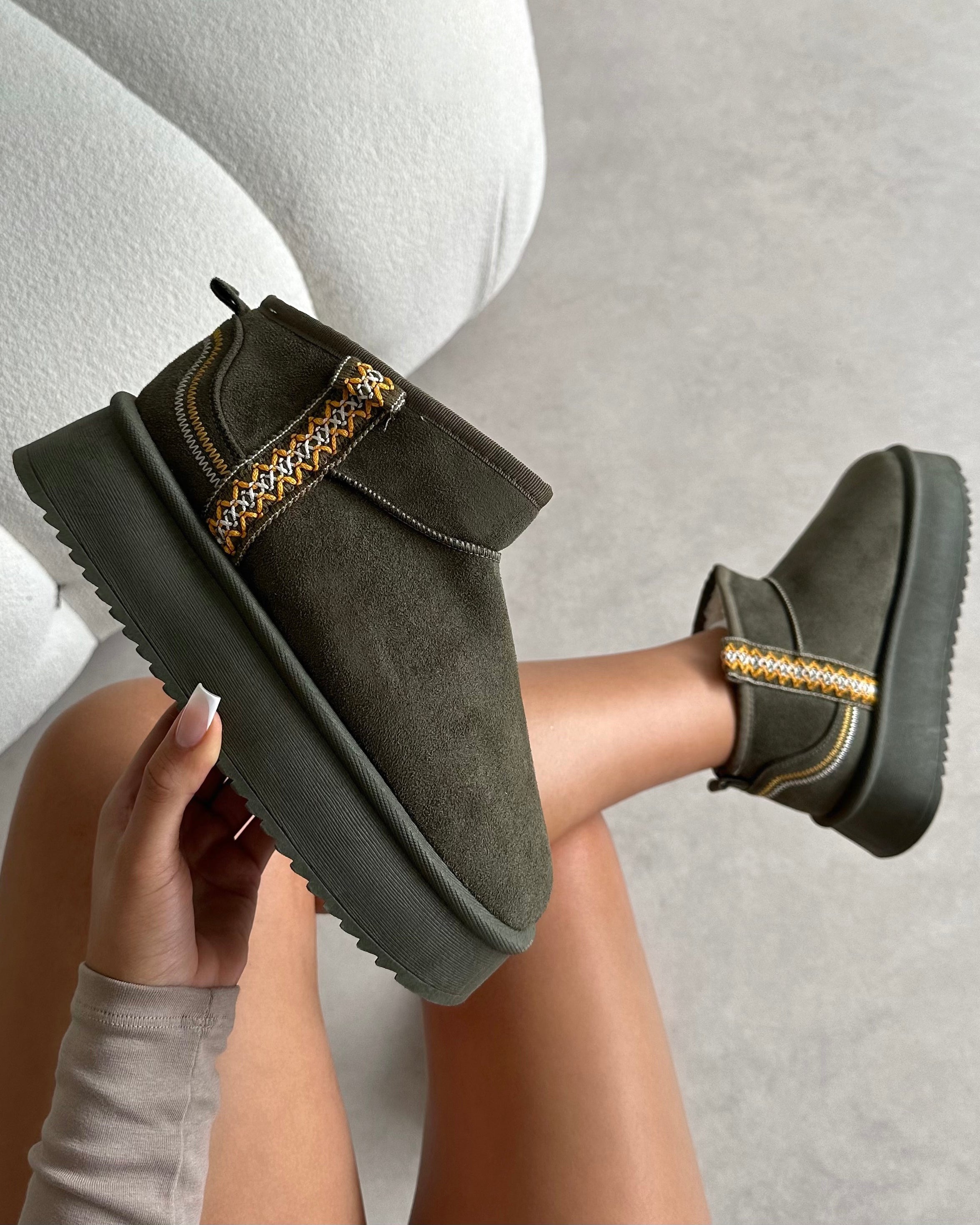 Louie Khaki Faux Suede Flatform Boots | SIMMI London