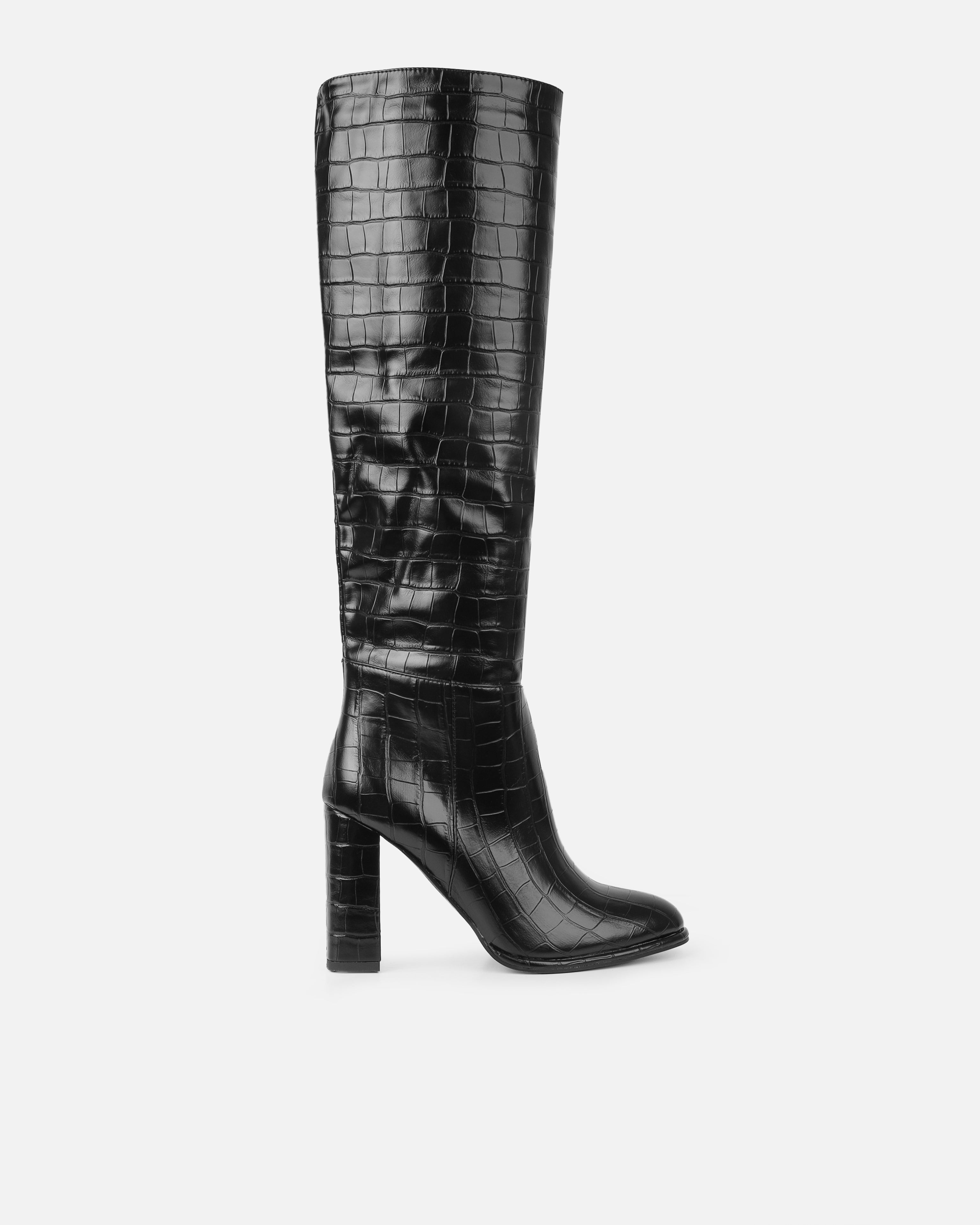 Oakley Black Faux Croc Block Heel Knee High Boots | SIMMI London