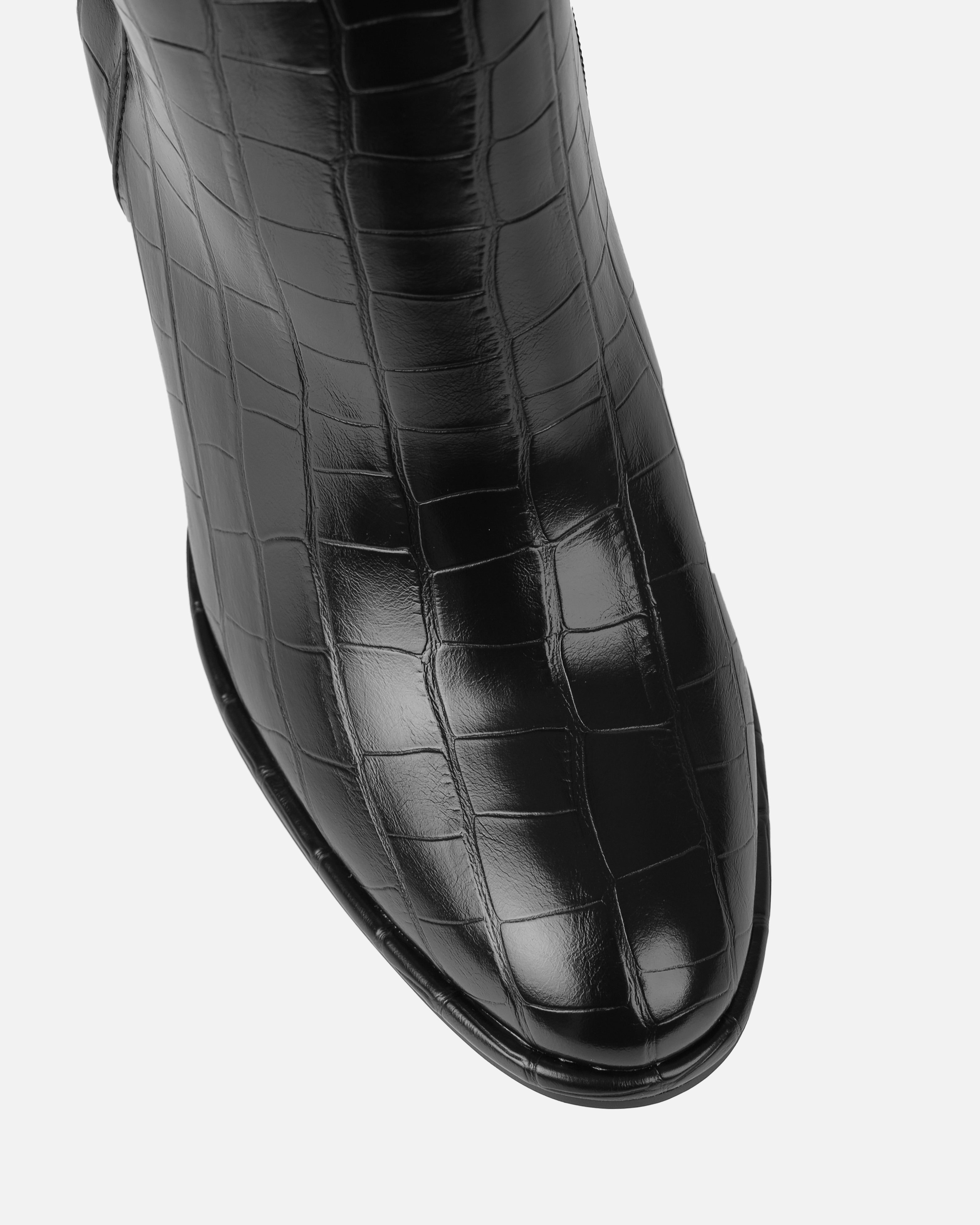 Oakley Black Faux Croc Block Heel Knee High Boots | SIMMI London