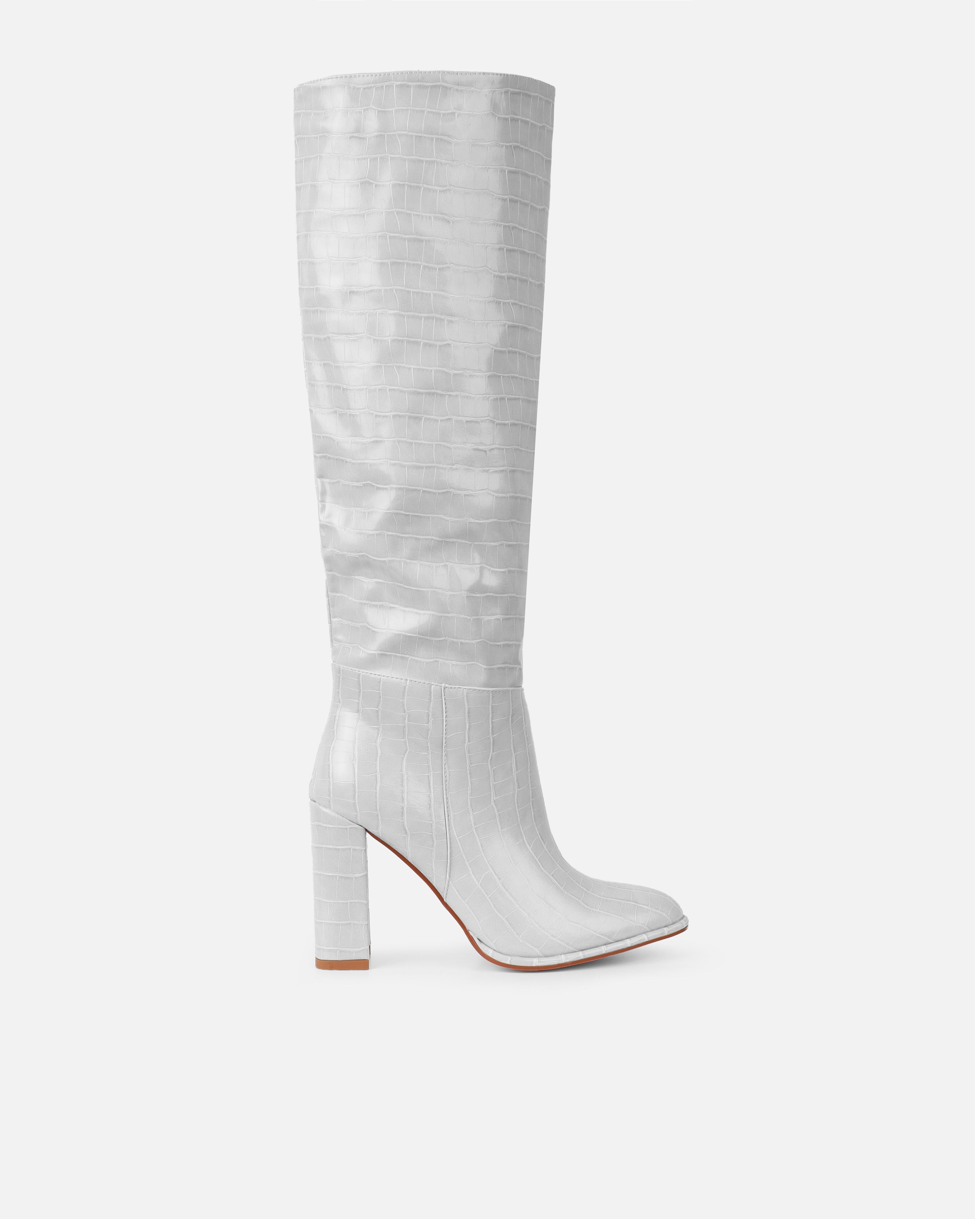 Oakley Grey Faux Croc Block Heel Knee High Boots | SIMMI London