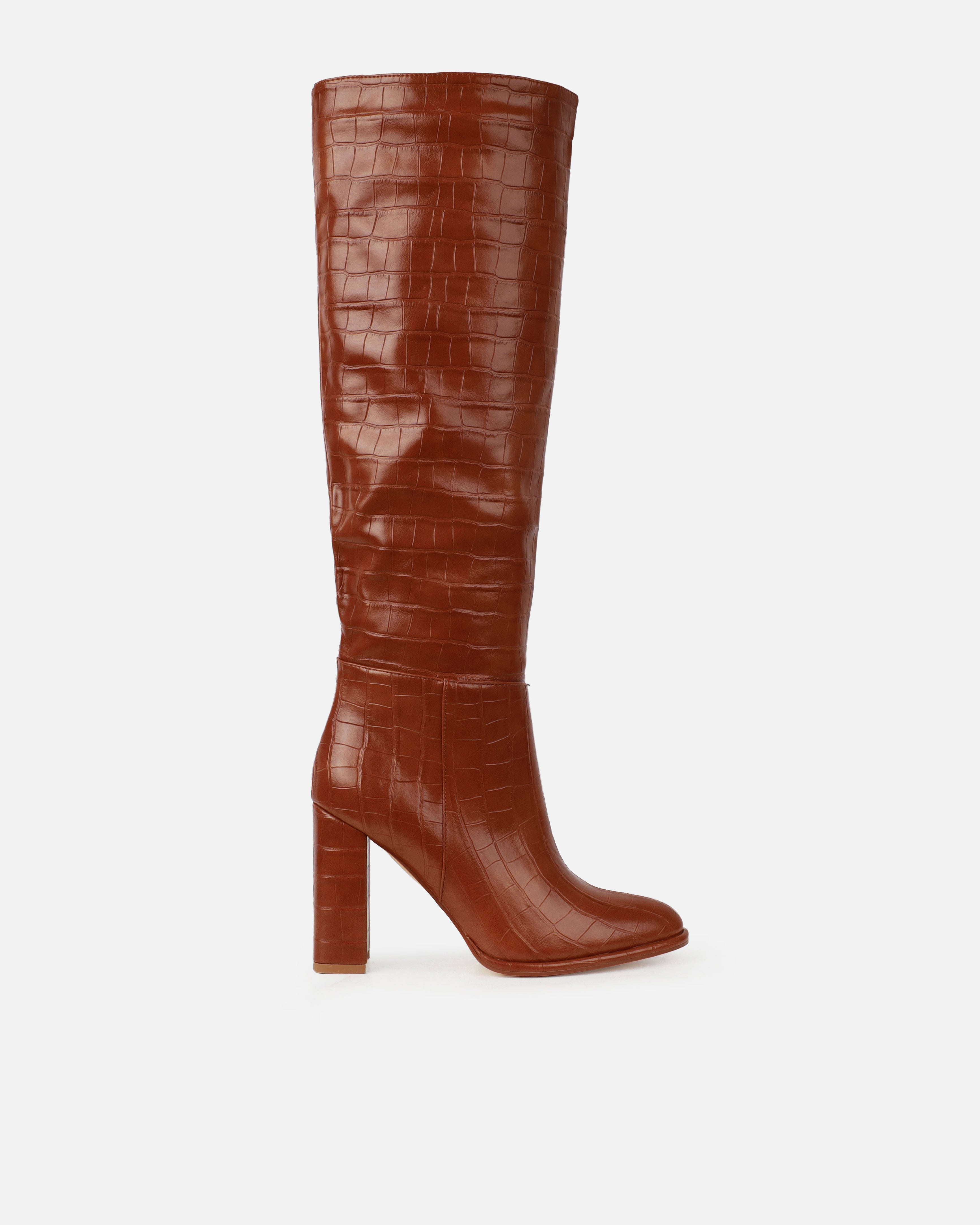 Oakley Tan Faux Croc Block Heel Knee High Boots | SIMMI London