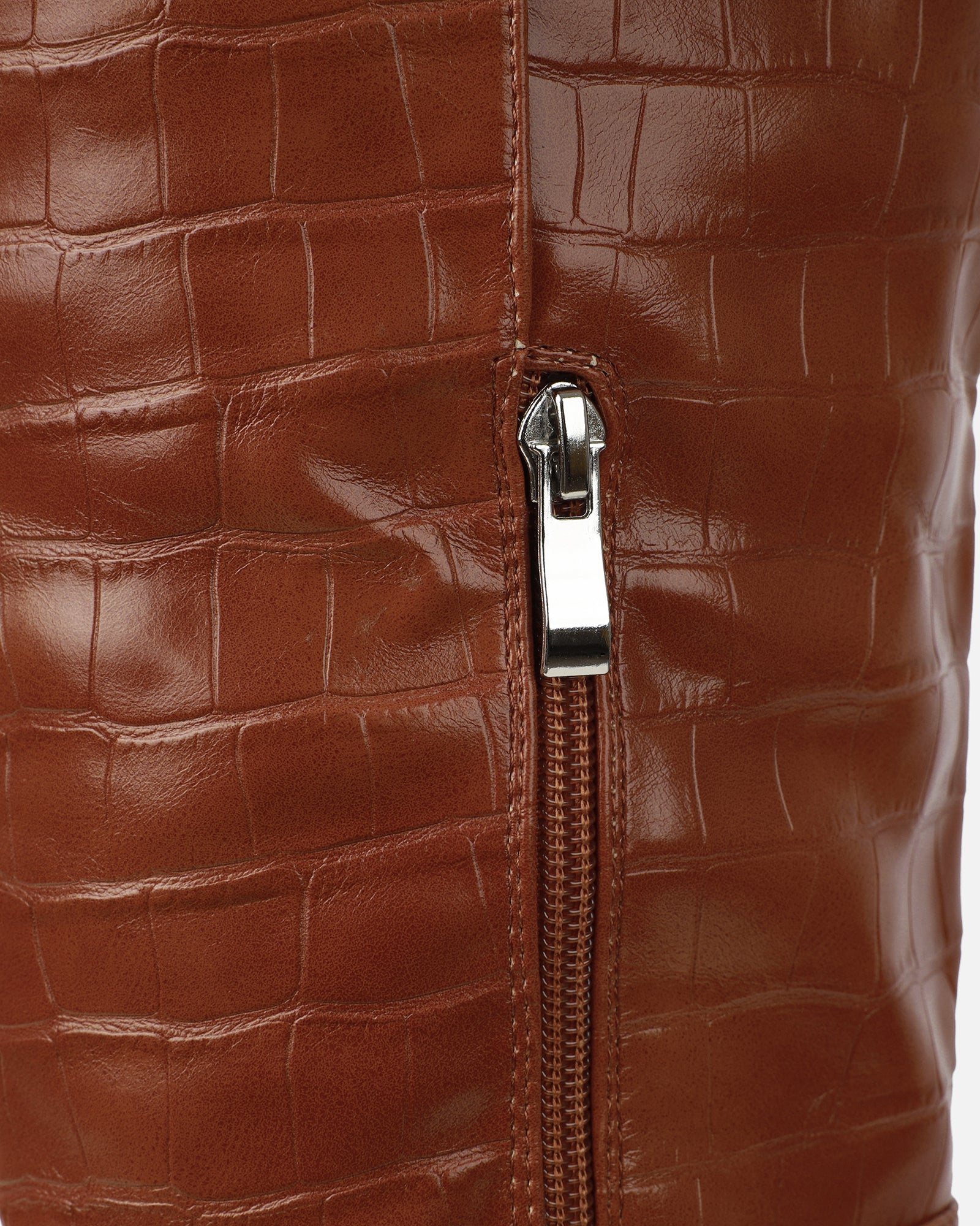 Oakley Tan Faux Croc Block Heel Knee High Boots | SIMMI London