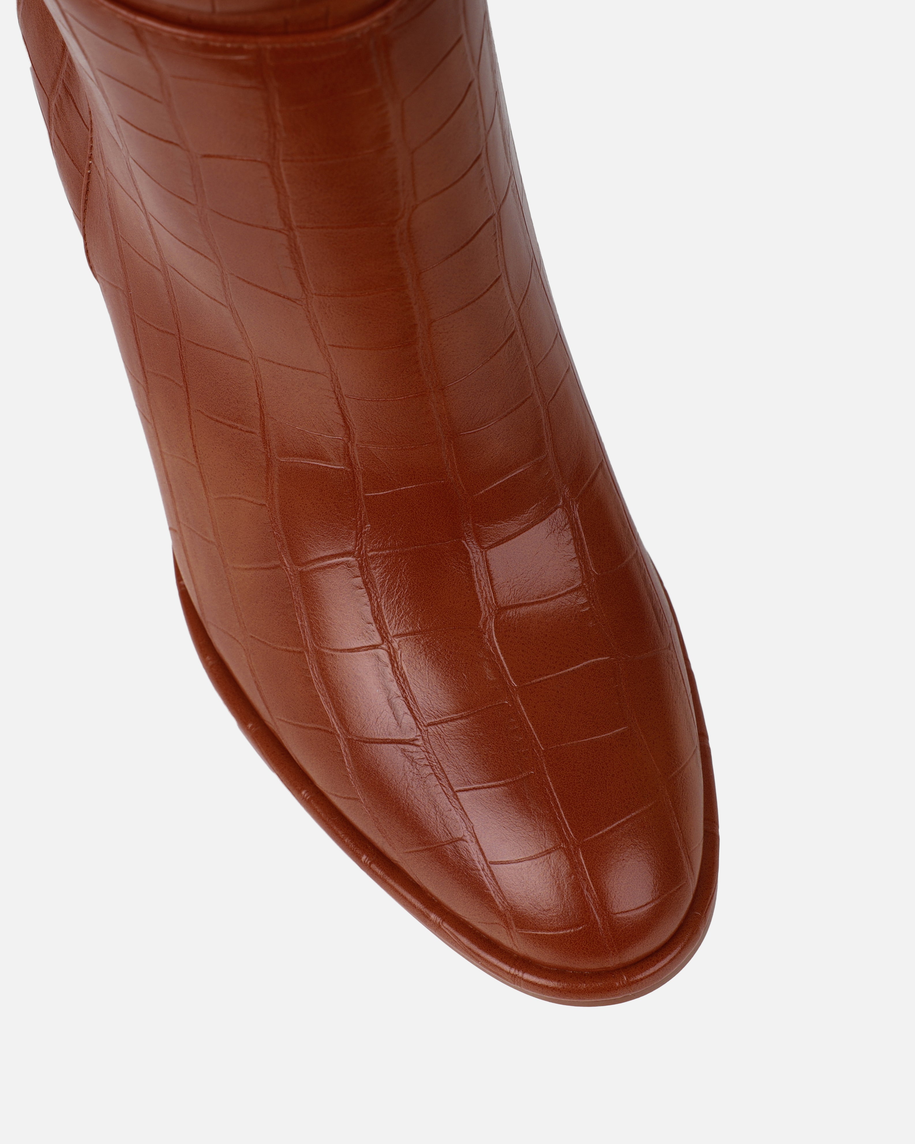 Oakley Tan Faux Croc Block Heel Knee High Boots | SIMMI London