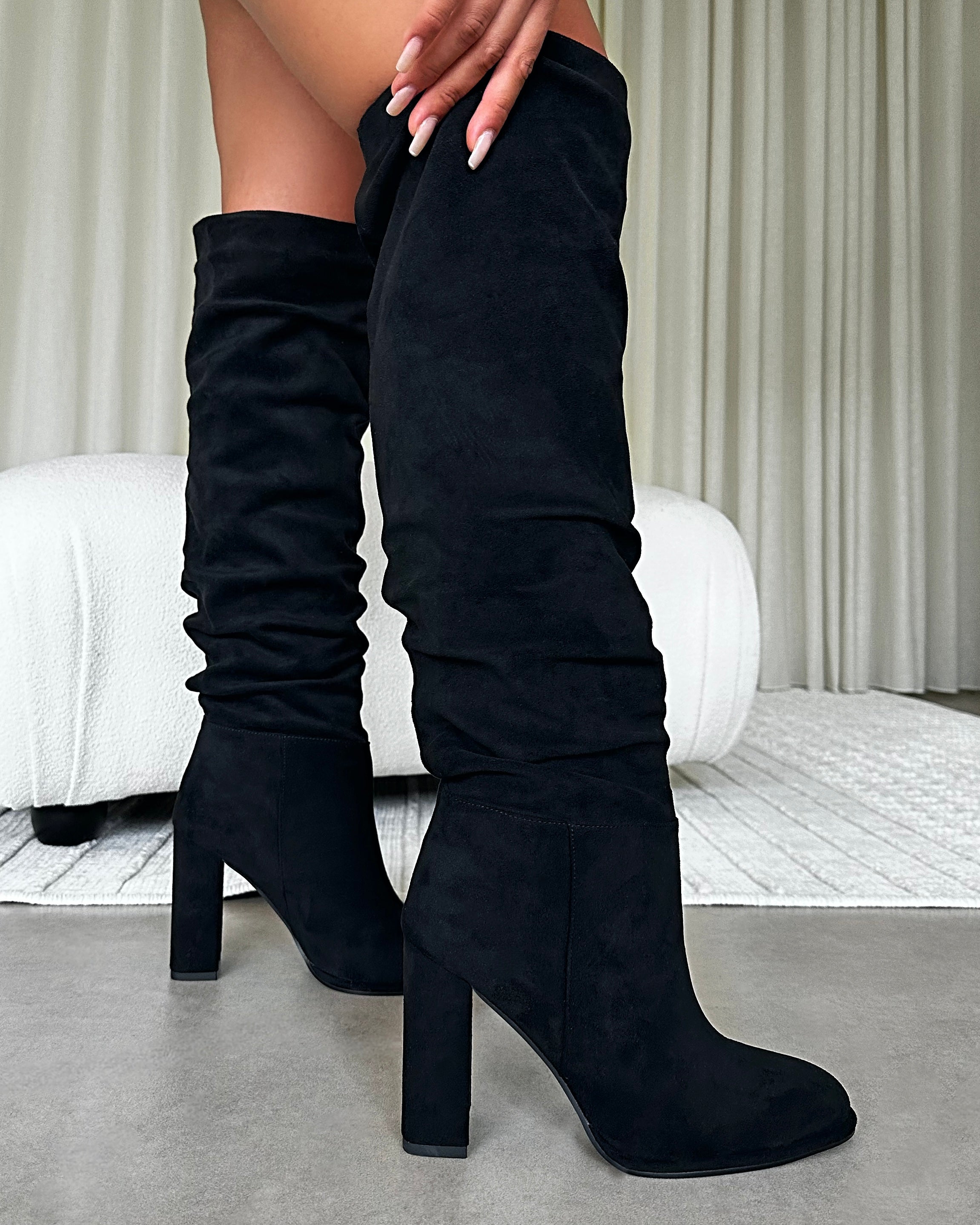 Sylvestor Black Faux Suede Block Heel Slouch Knee High Boots | SIMMI London