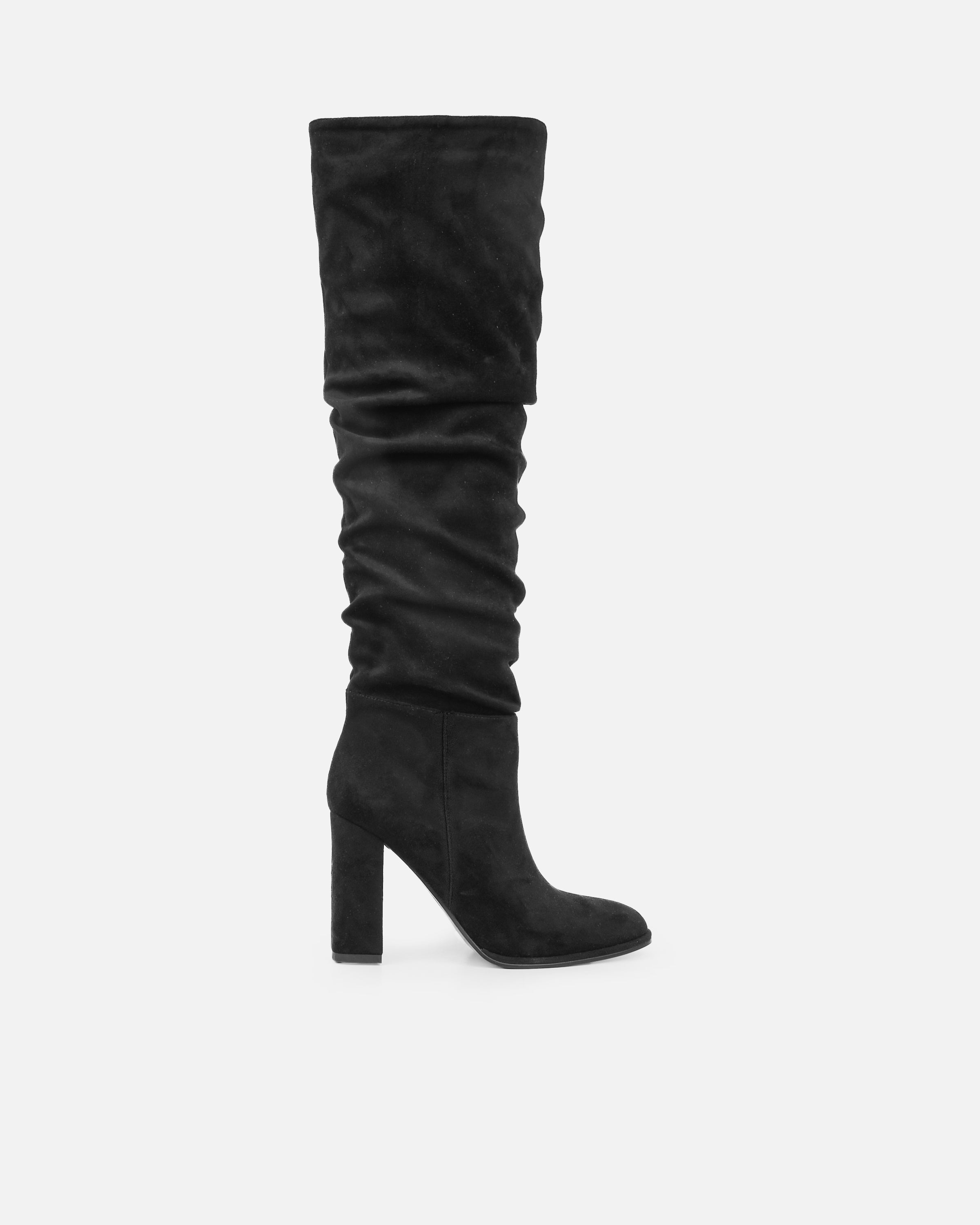 Sylvestor Black Faux Suede Block Heel Slouch Knee High Boots | SIMMI London