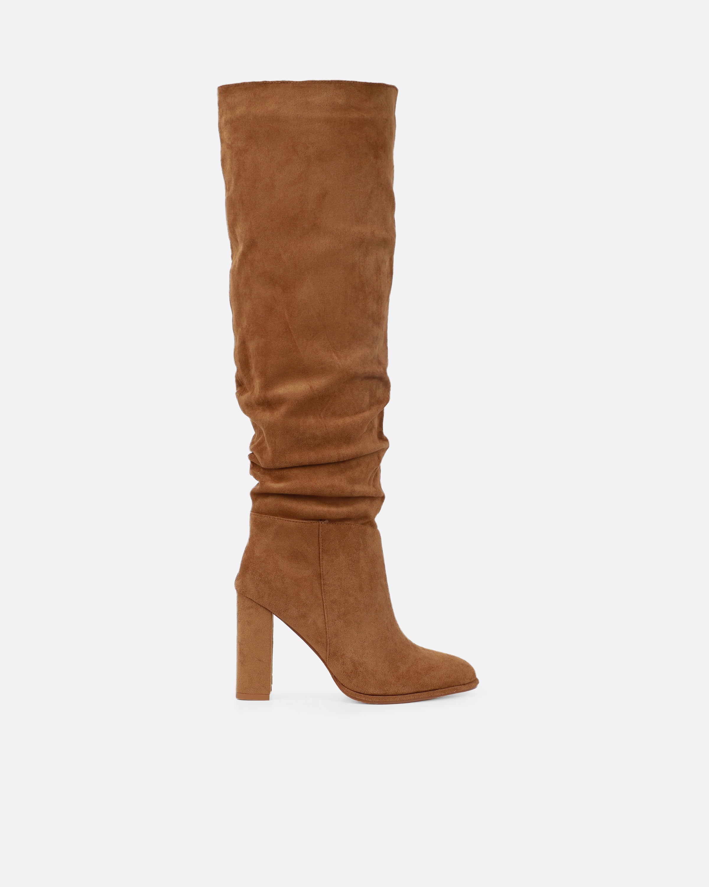 Sylvestor Tan Faux Suede Block Heel Slouch Knee High Boots | SIMMI London