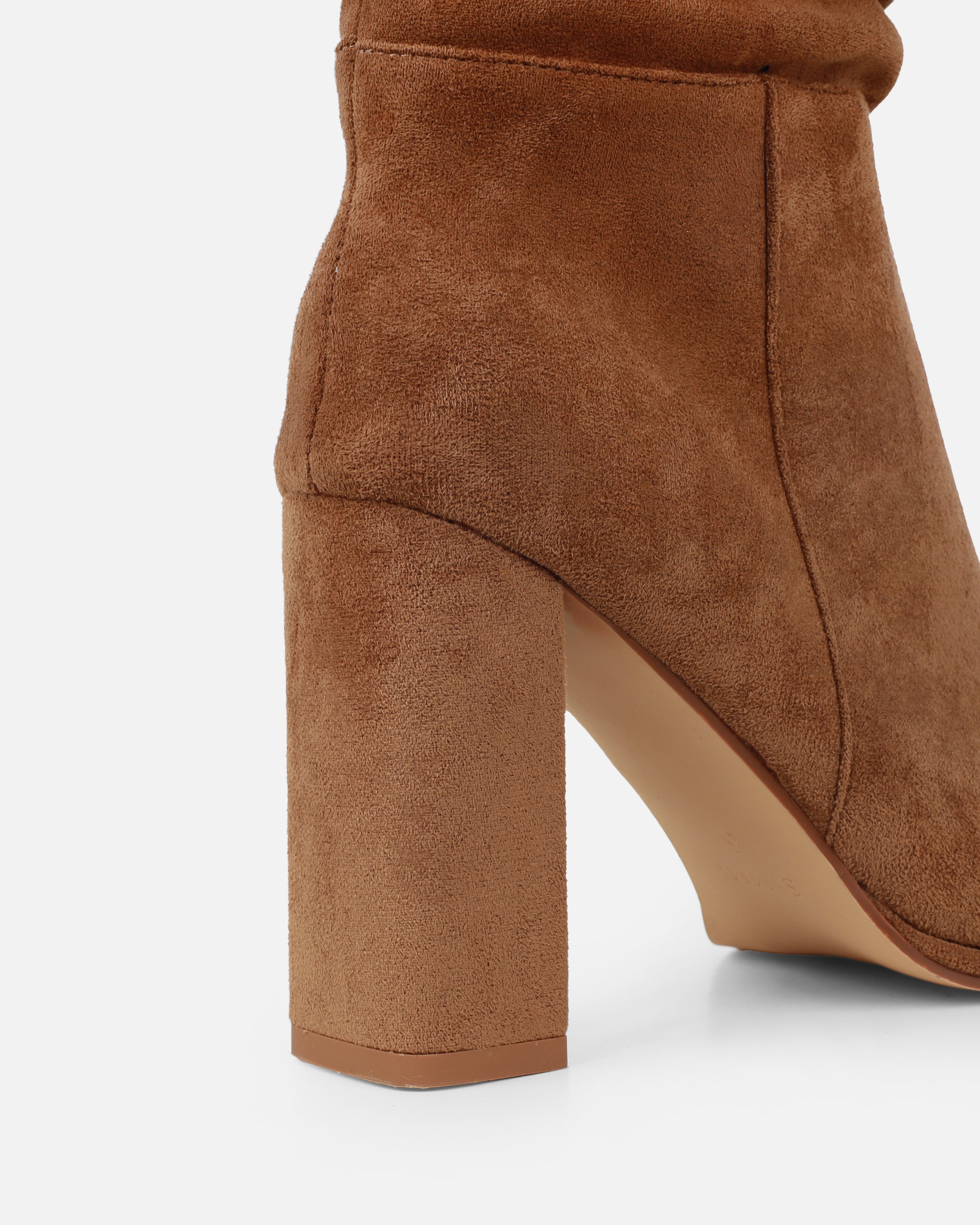 Sylvestor Tan Faux Suede Block Heel Slouch Knee High Boots | SIMMI London