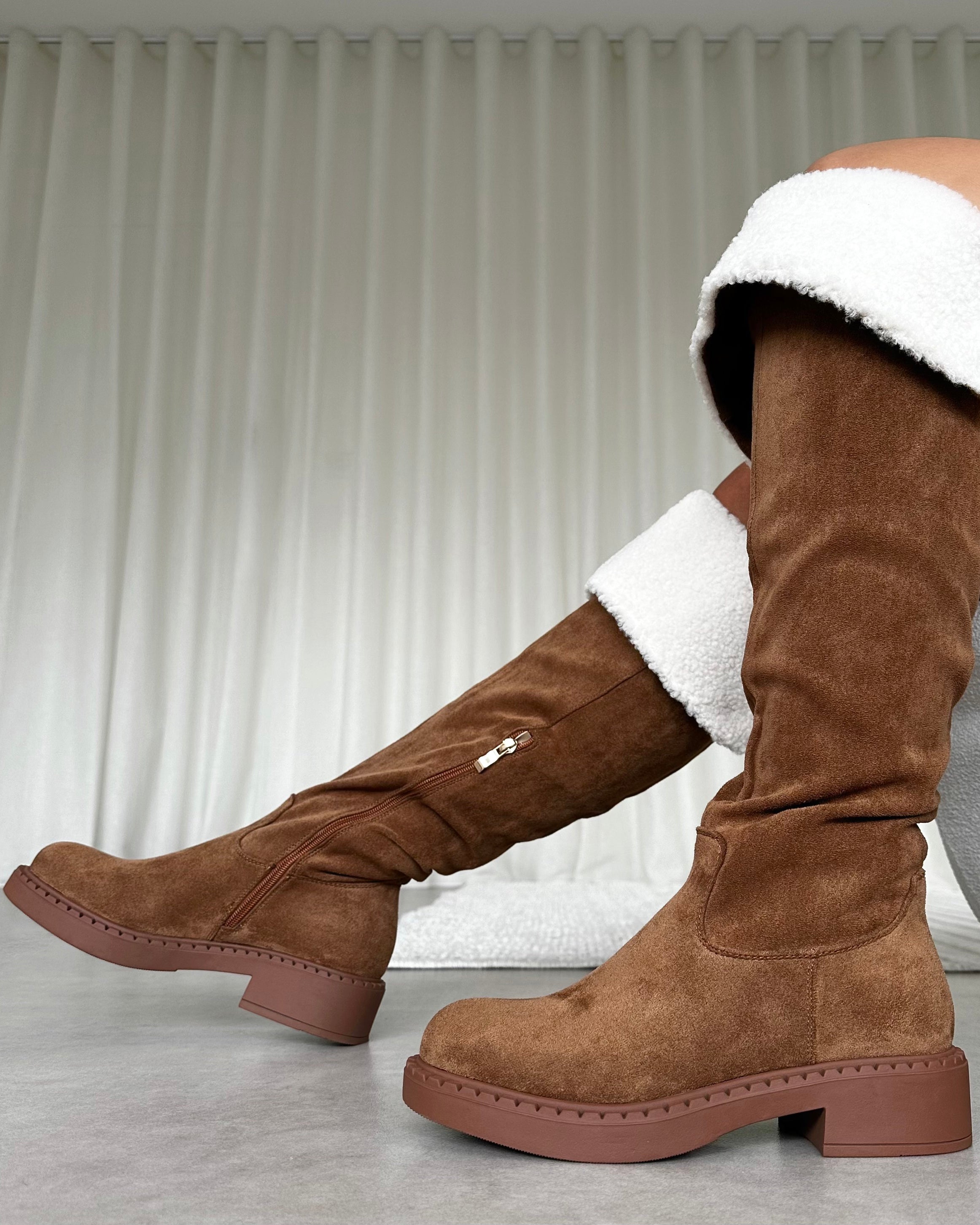 Obama Tan Faux Suede Fold Over Shearling Knee Boots | SIMMI London