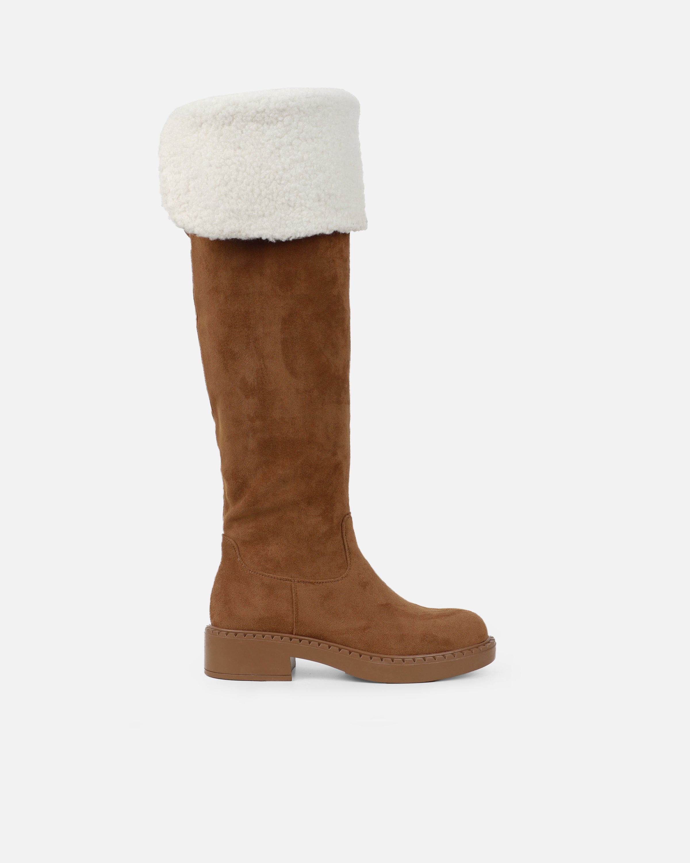 Obama Tan Faux Suede Fold Over Shearling Knee Boots | SIMMI London