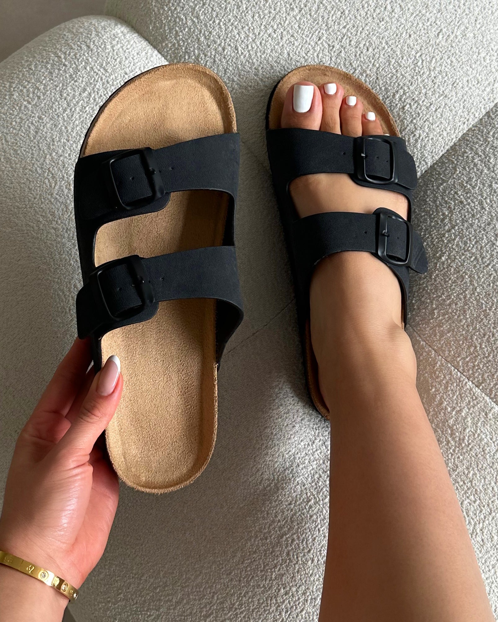 Olsen Black Double Strap Flat Sandals | SIMMI London