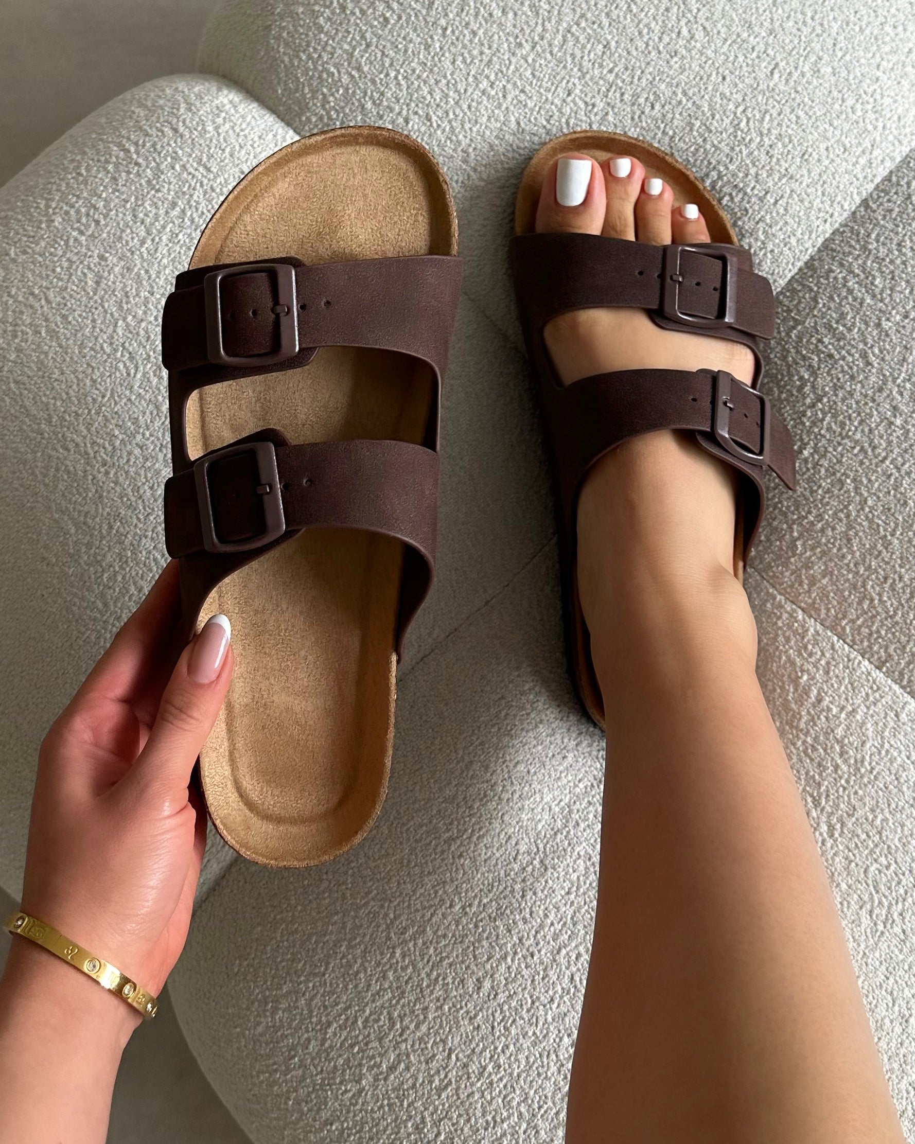 Olsen Chocolate Double Strap Flat Sandals | SIMMI London