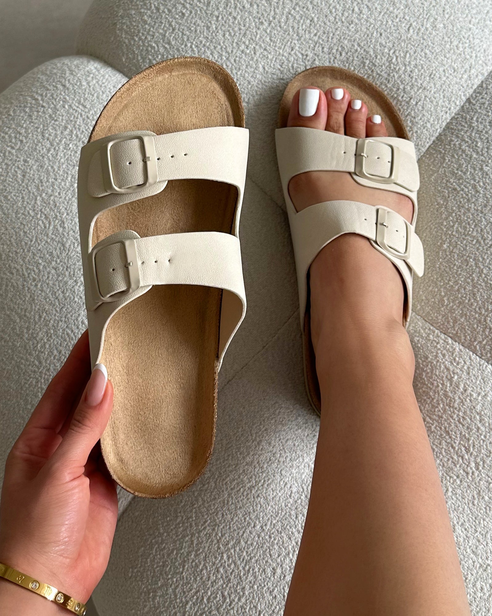 Olsen Cream Double Strap Flat Sandals | SIMMI London