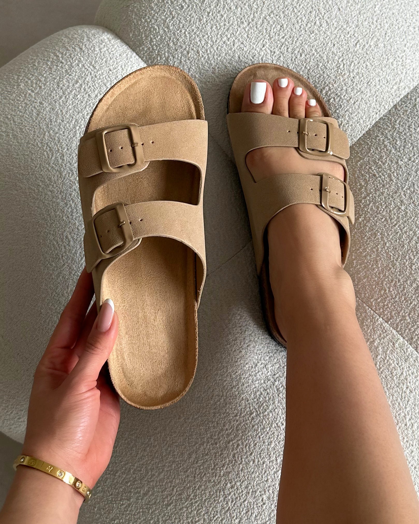 Olsen Taupe Double Strap Flat Sandals | SIMMI London