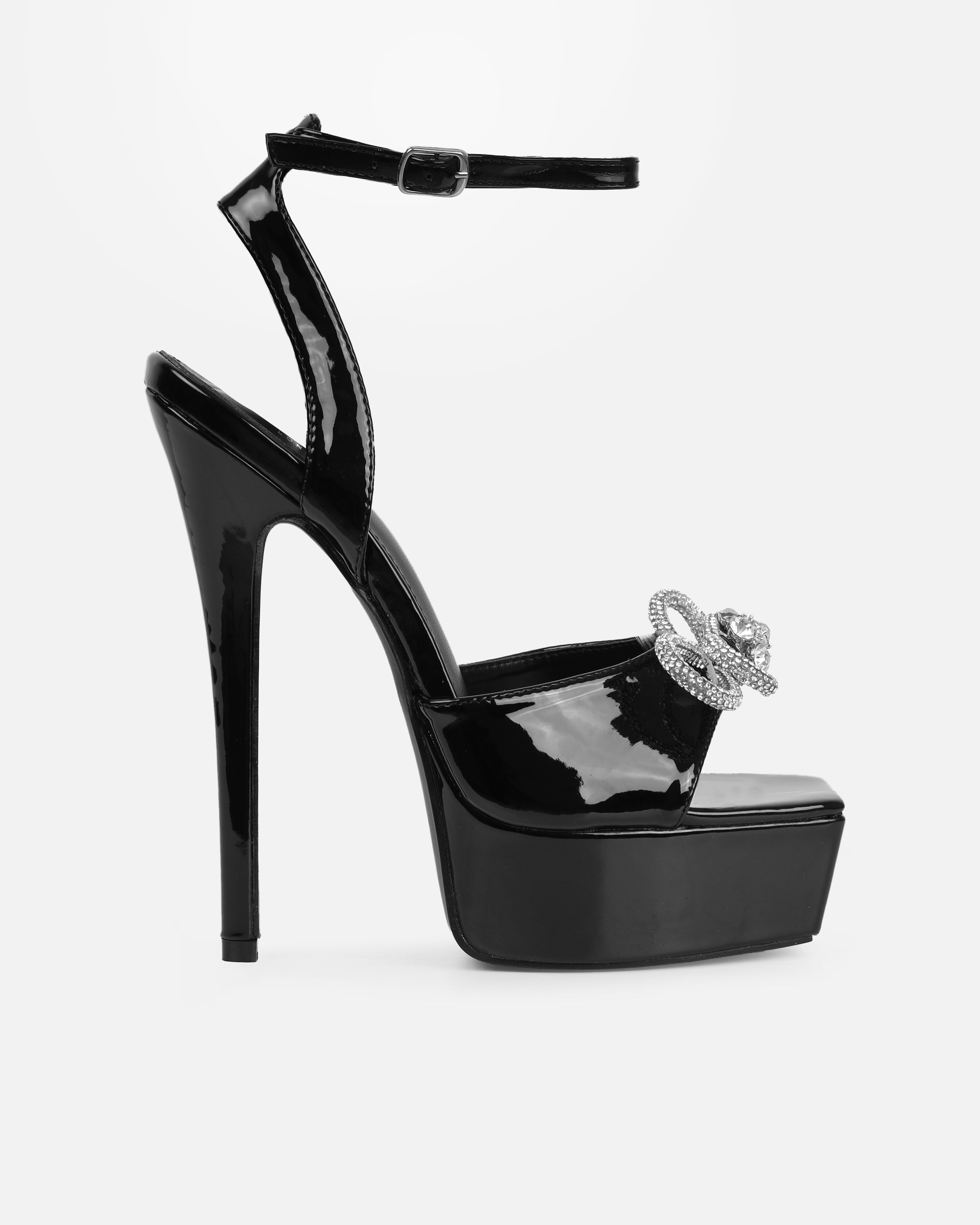 Angelique Black Diamante Bow Stiletto Platform Heels | SIMMI London