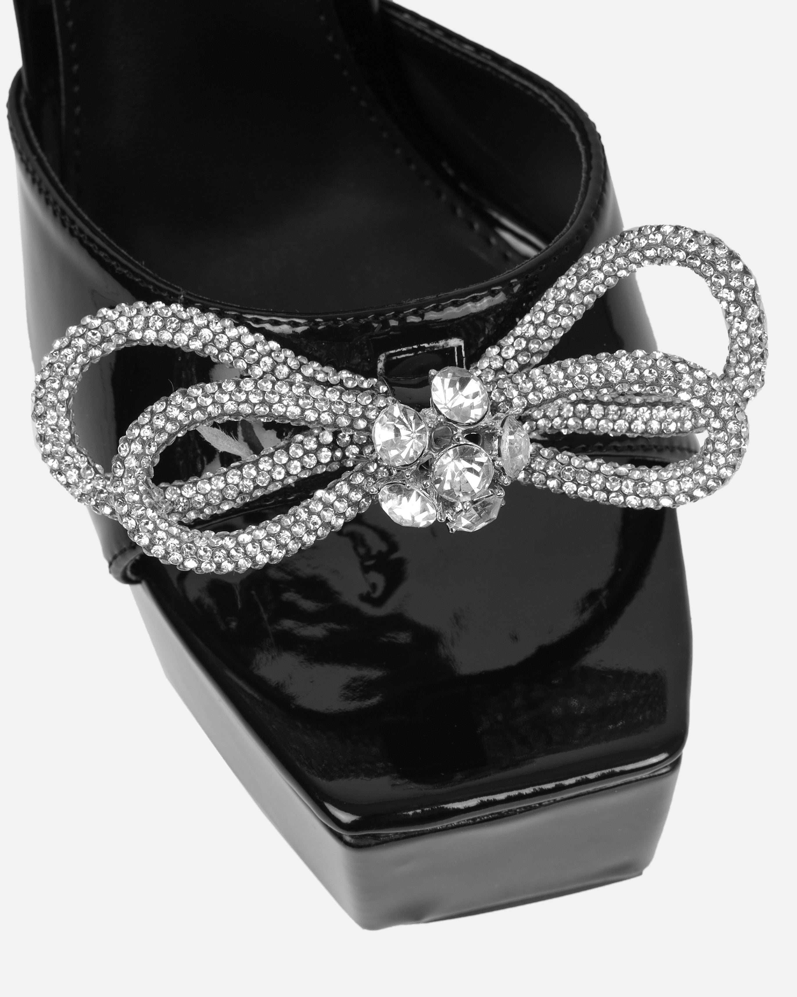 Angelique Black Diamante Bow Stiletto Platform Heels | SIMMI London