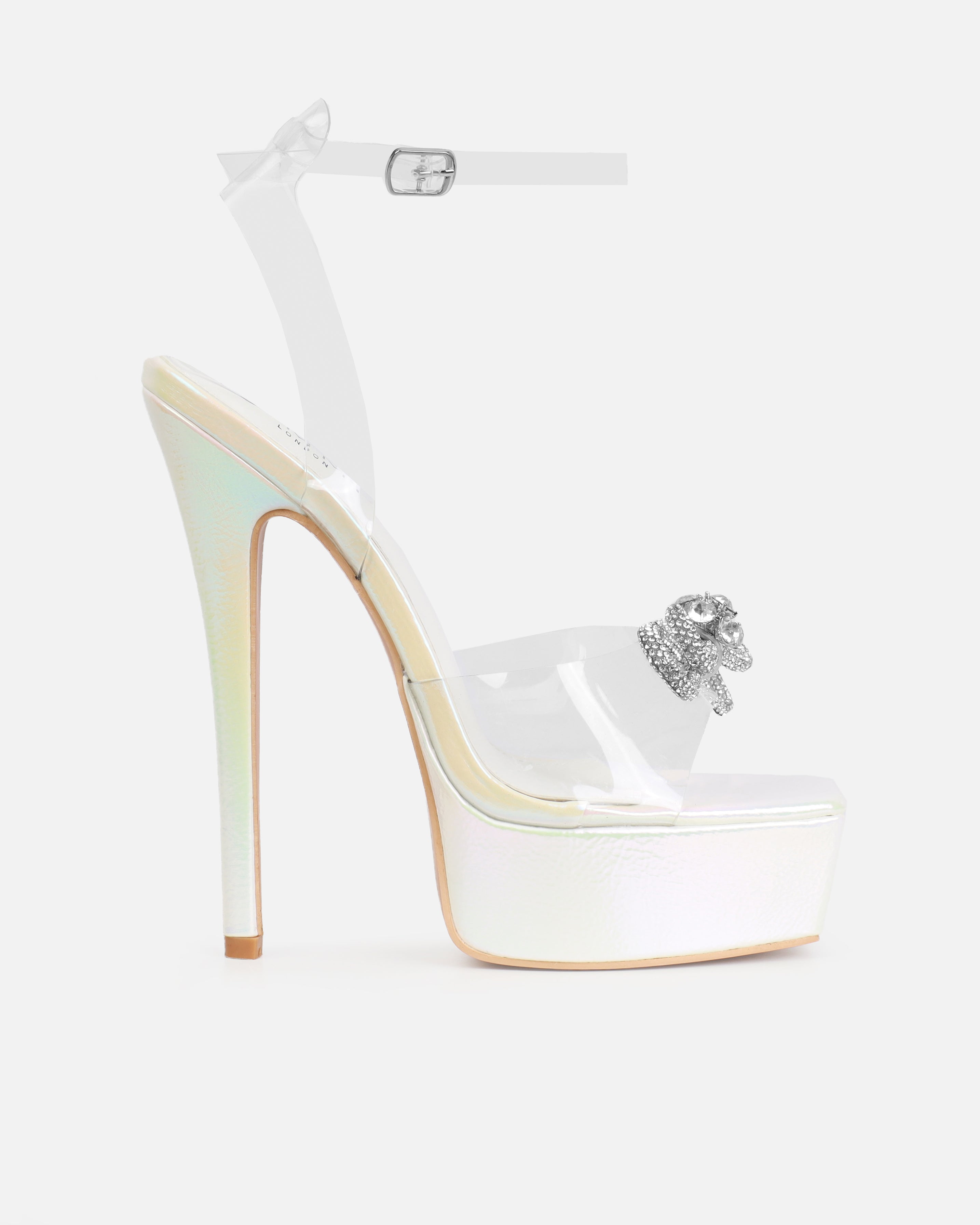 Angelique White Shimmer Diamante Bow Stiletto Platform Heels | SIMMI London