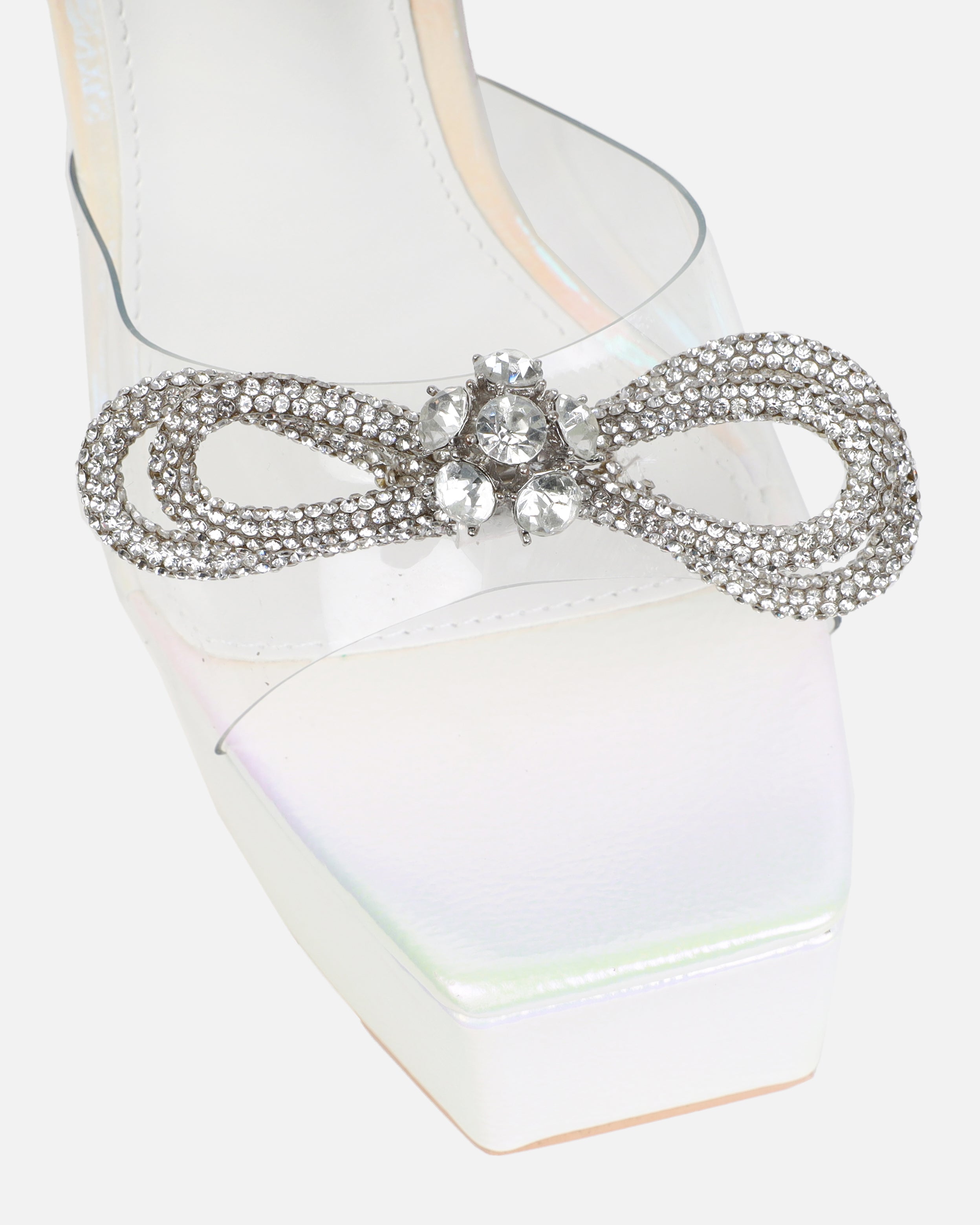 Angelique White Shimmer Diamante Bow Stiletto Platform Heels | SIMMI London