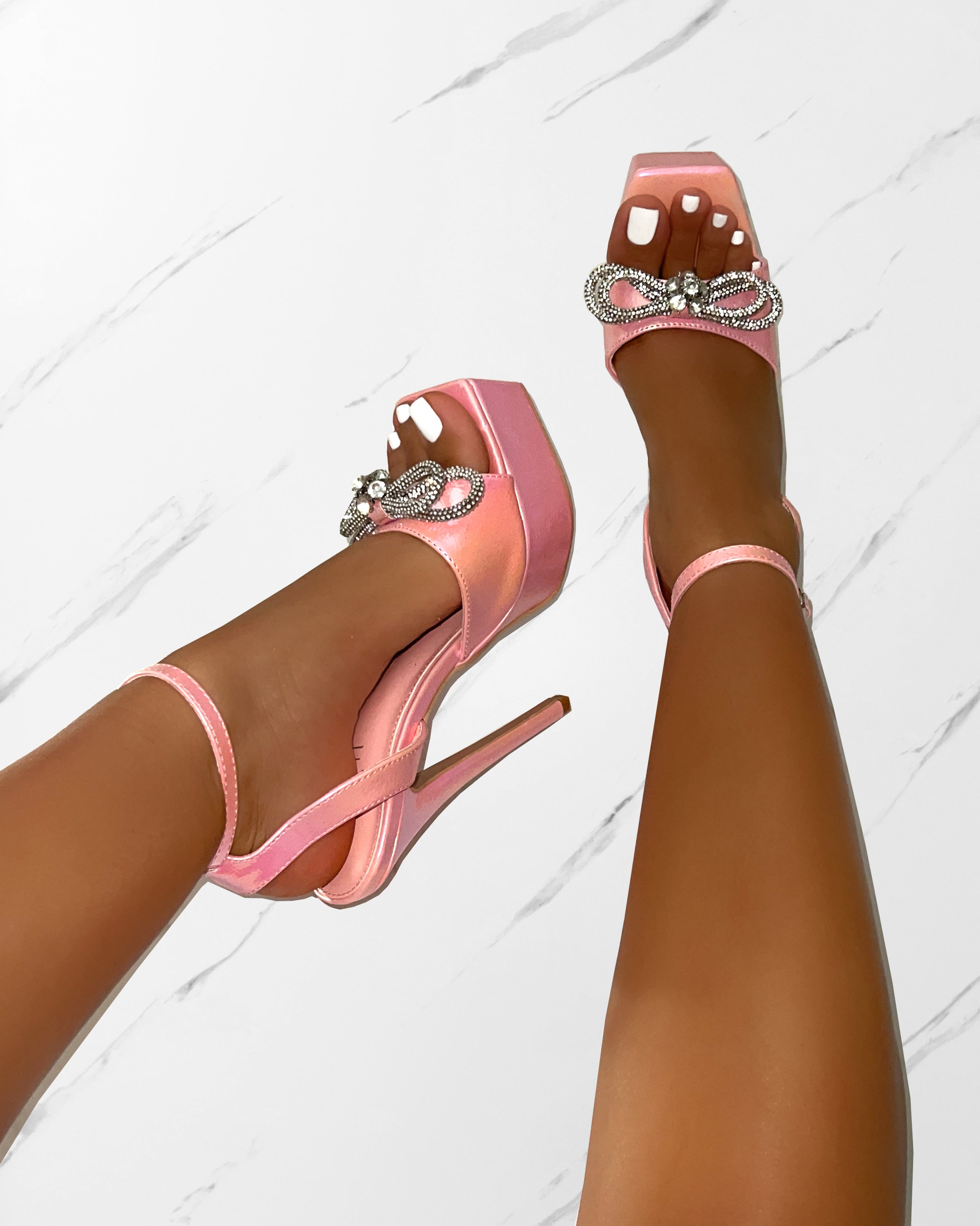 Angelique Pink Shimmer Diamante Bow Stiletto Platform Heels | SIMMI London