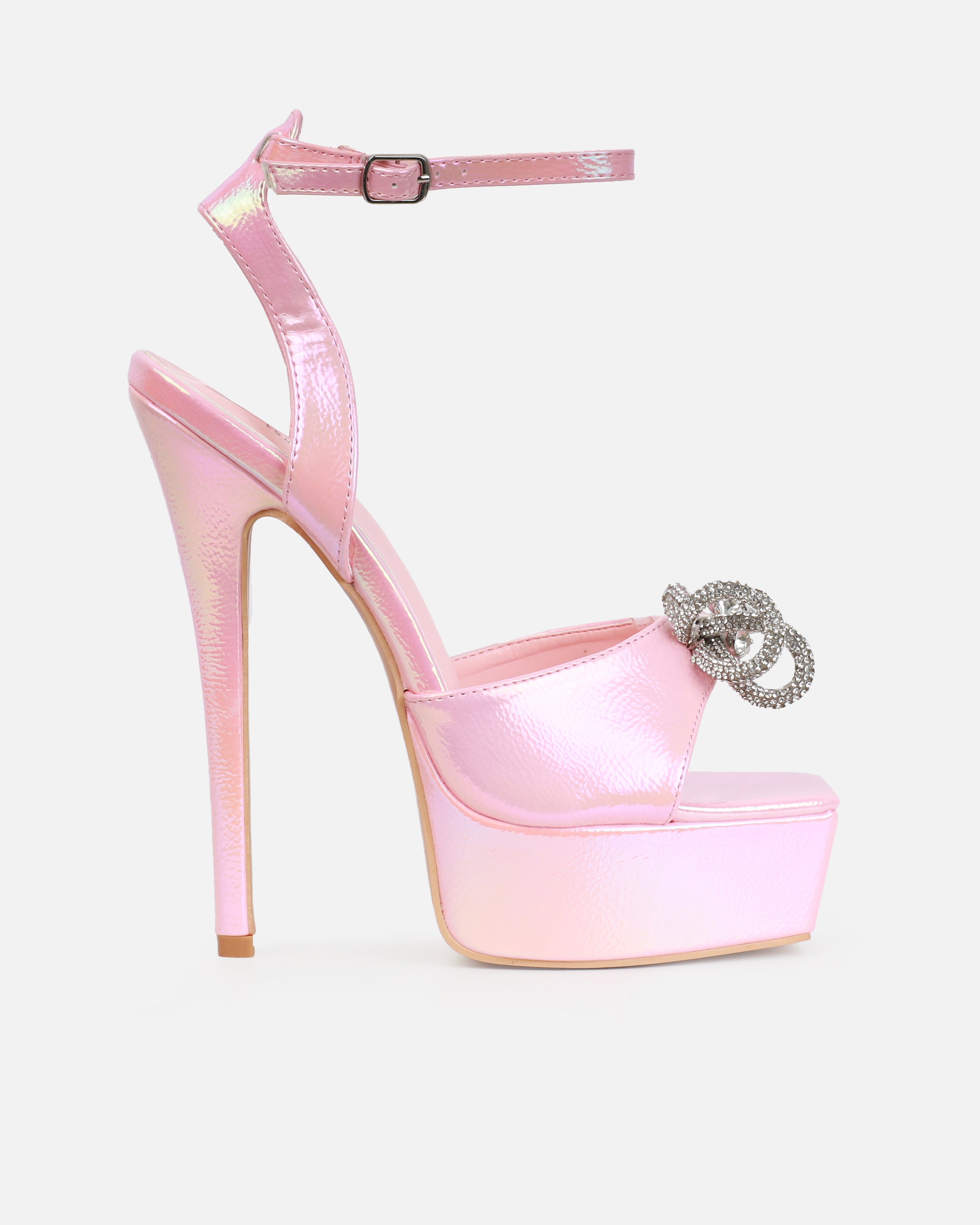 Angelique Pink Shimmer Diamante Bow Stiletto Platform Heels | SIMMI London