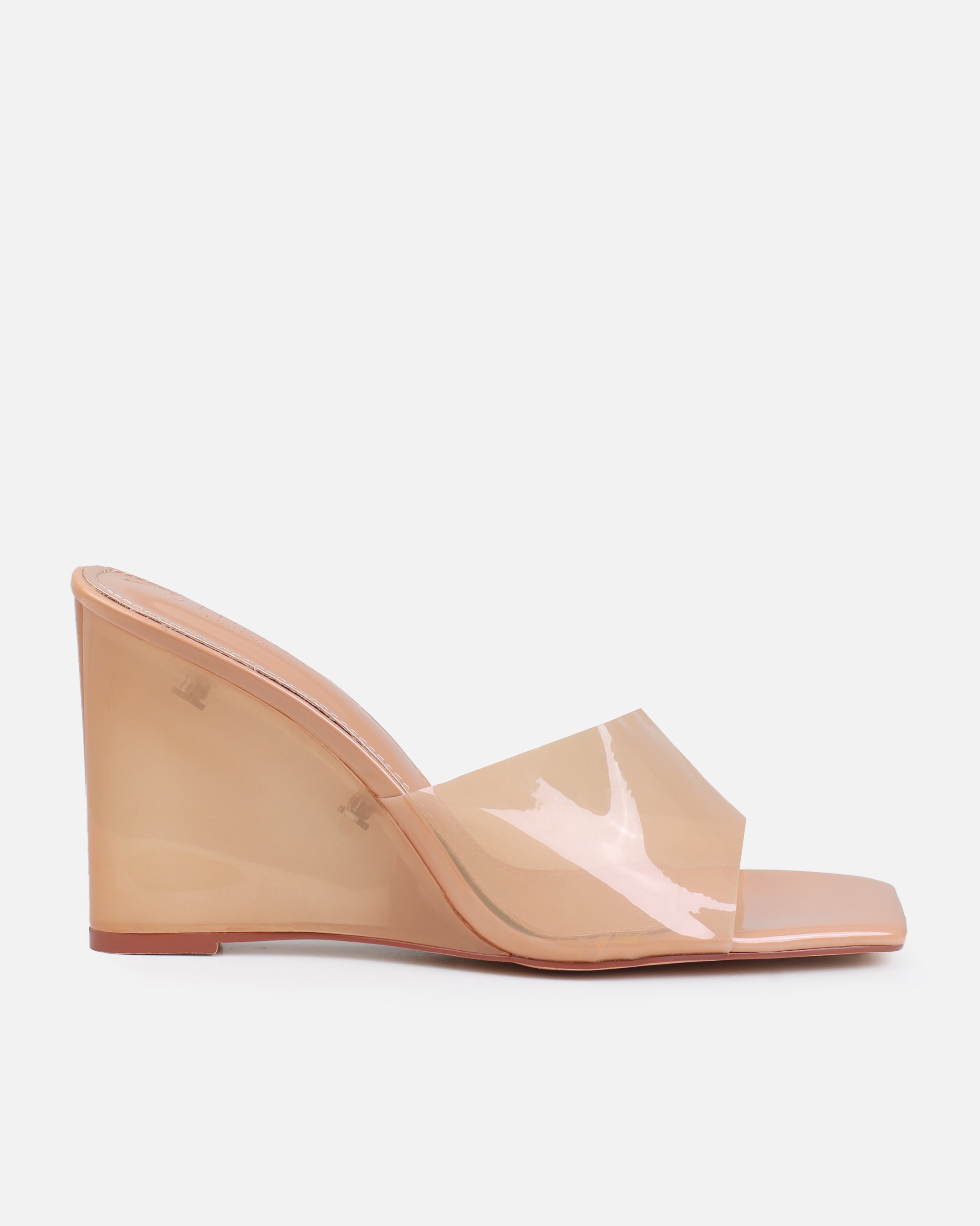 Opheliay Caramel Patent Clear Wedge Mules | SIMMI London