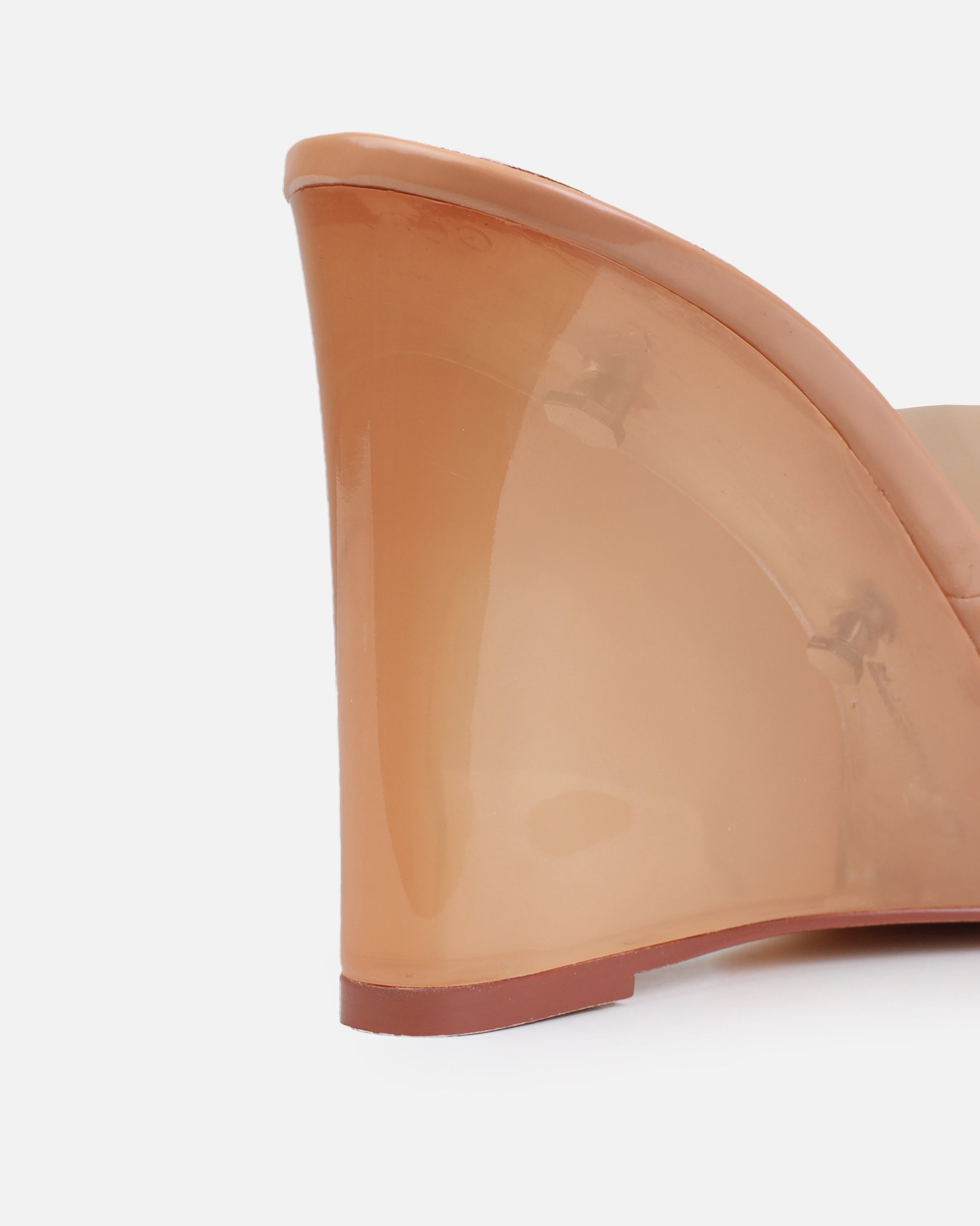 Opheliay Caramel Patent Clear Wedge Mules | SIMMI London