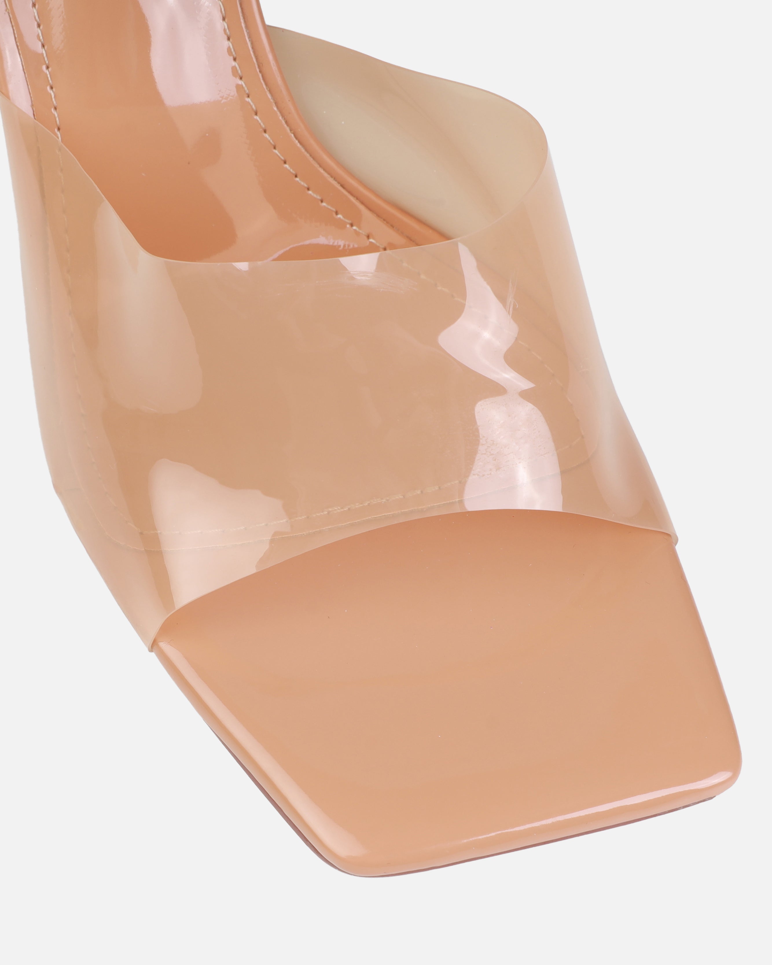 Opheliay Caramel Patent Clear Wedge Mules | SIMMI London