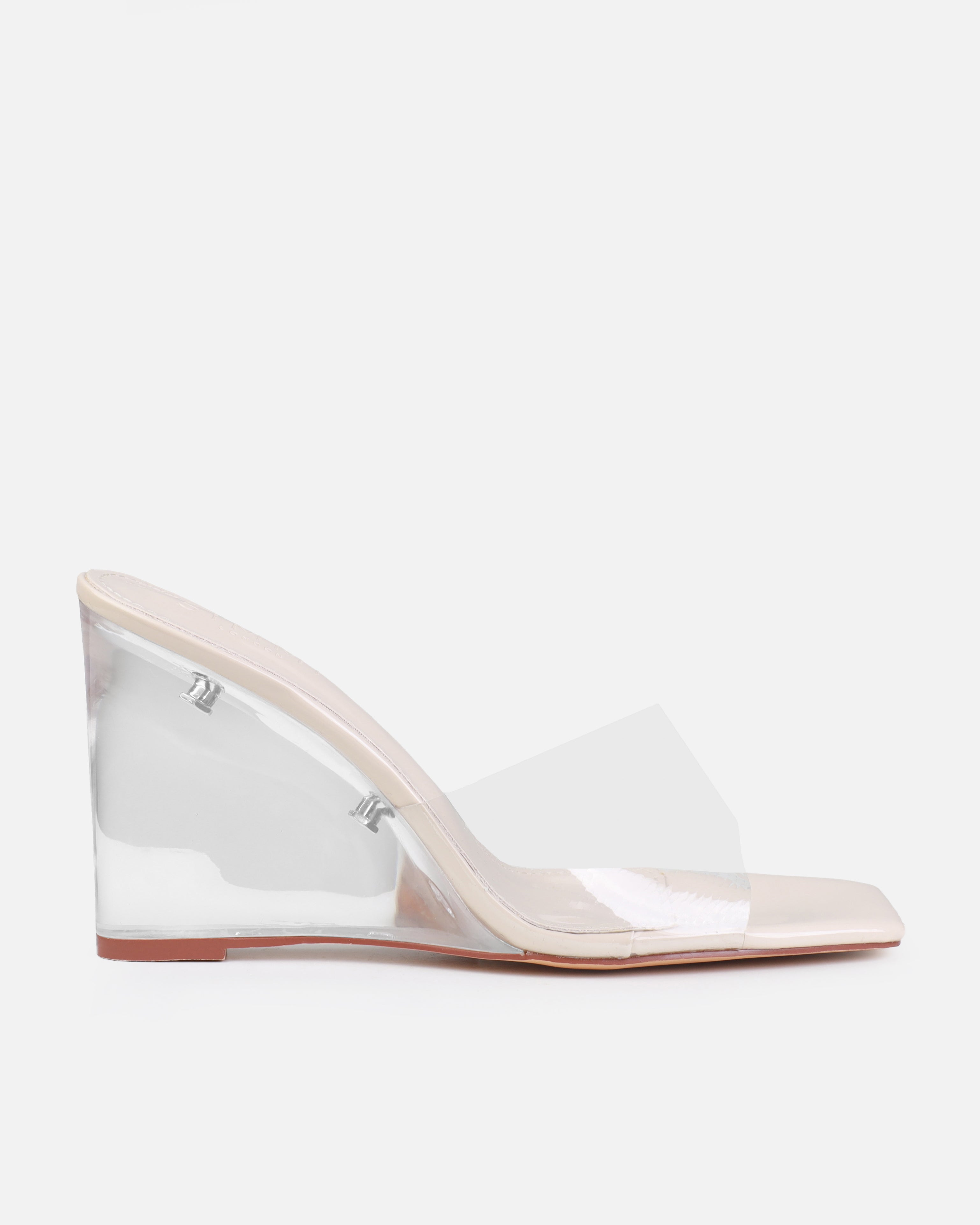 Opheliay Stone Patent Clear Wedge Mules | SIMMI London