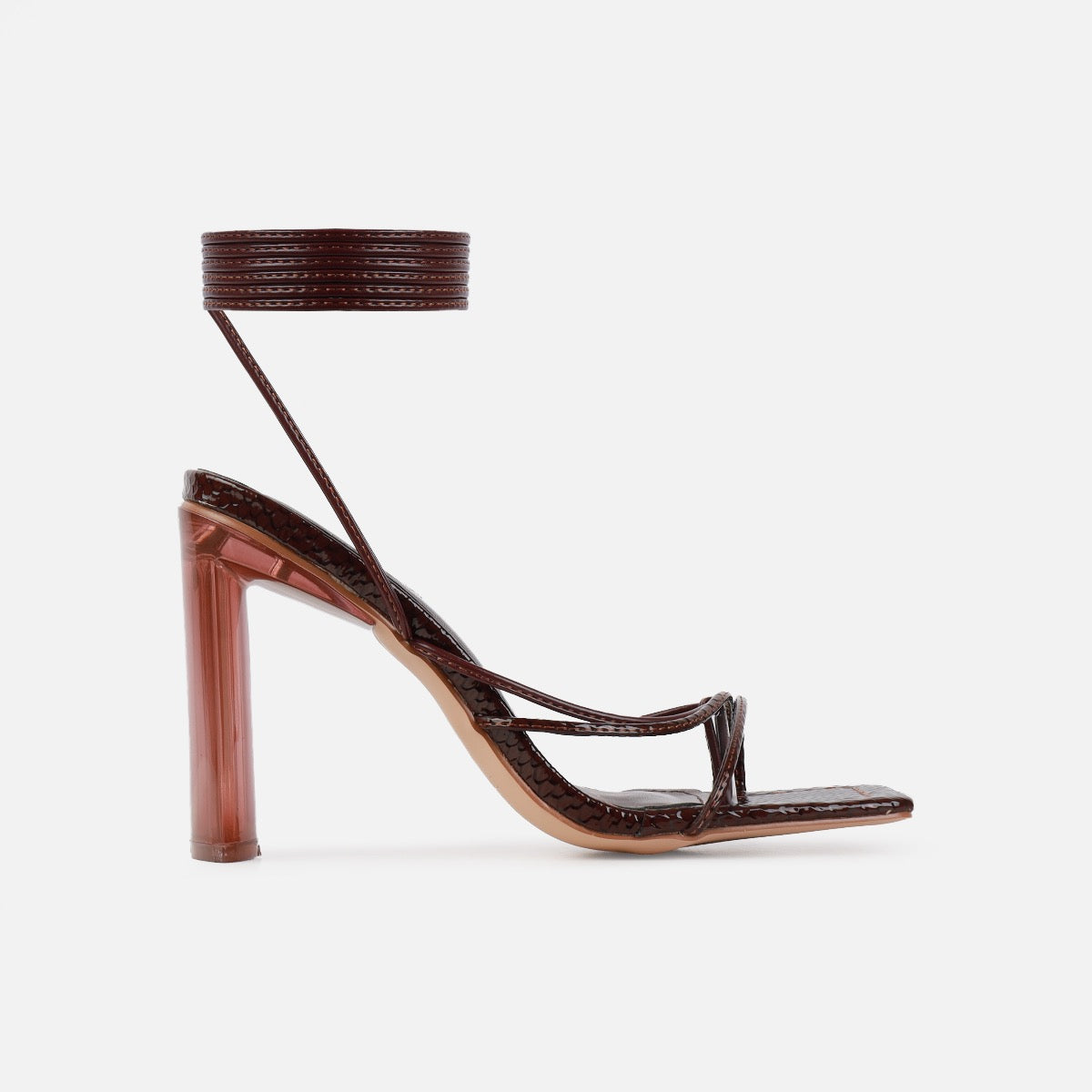 Orifiel Chocolate Faux Snake Tie Up Block Heels | SIMMI London