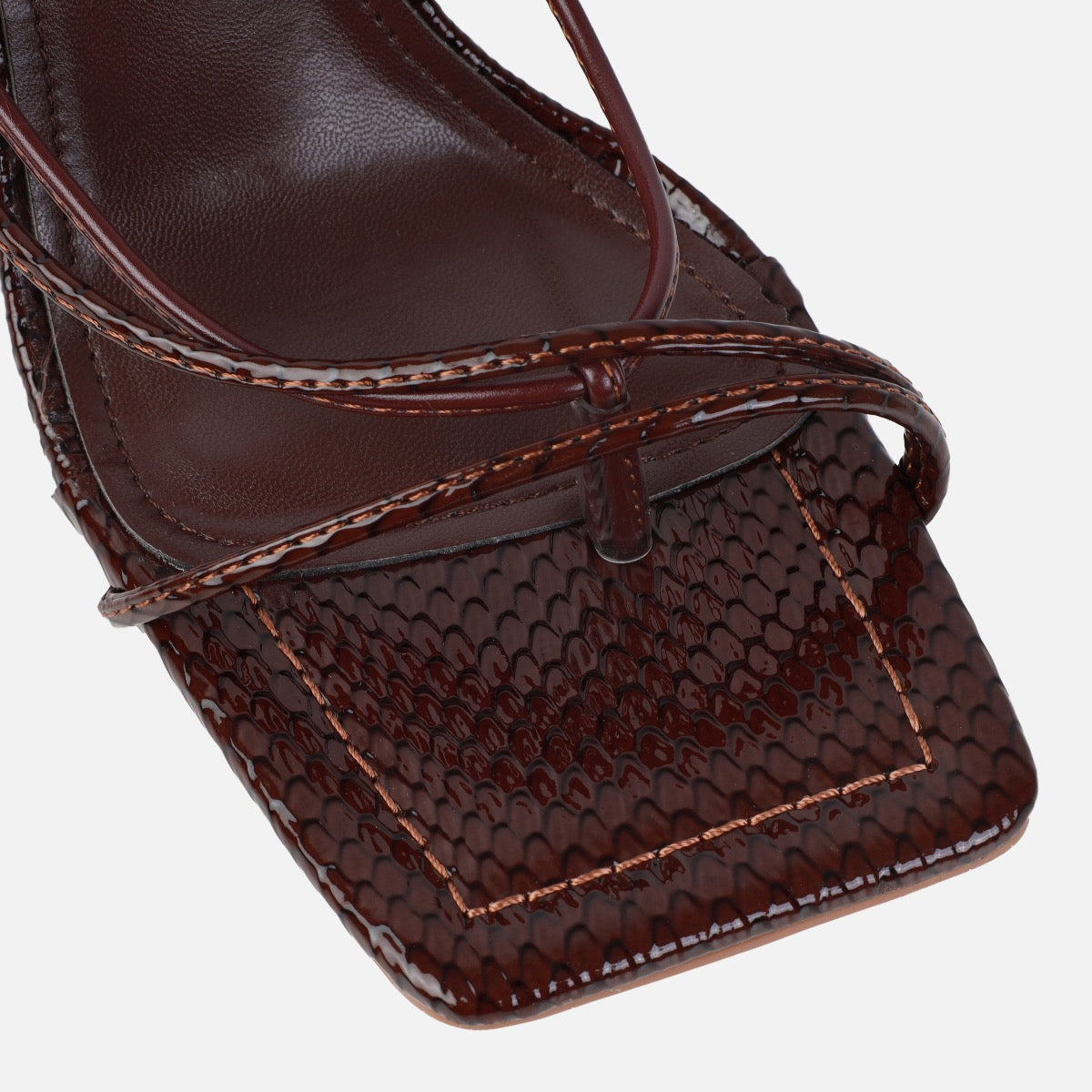 Orifiel Chocolate Faux Snake Tie Up Block Heels | SIMMI London