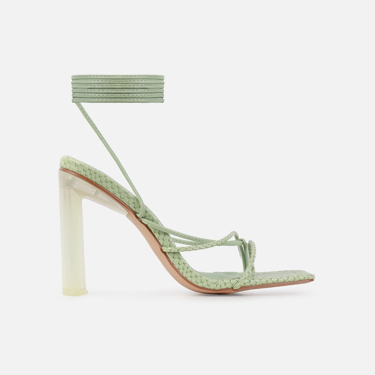 Orifiel Sage Green Faux Snake Tie Up Block Heels | SIMMI London