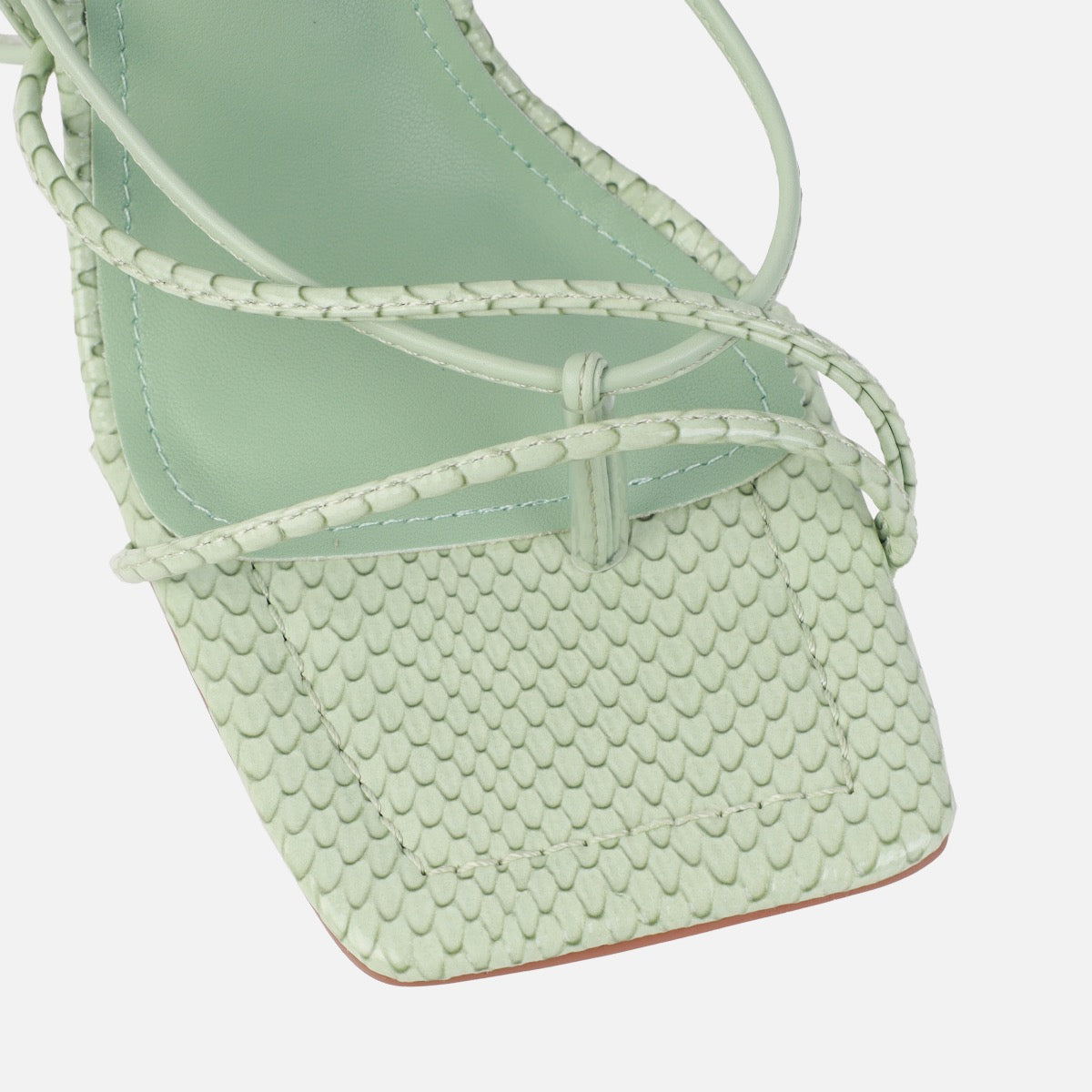 Orifiel Sage Green Faux Snake Tie Up Block Heels | SIMMI London