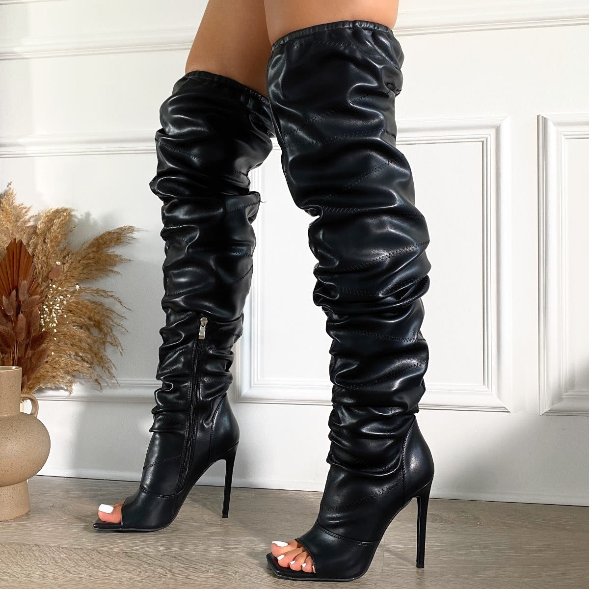 Knee High Boots Peep Toe Leather Booties Heel Boots For Women Sexy