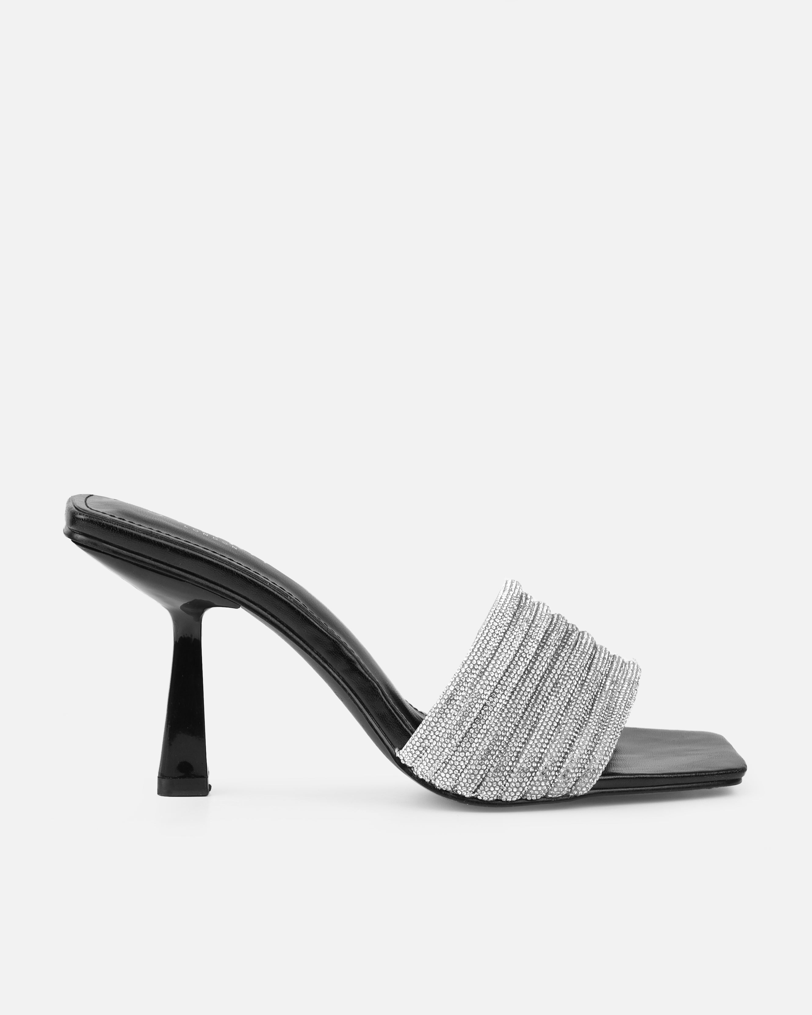 Paisley Black Diamante Strappy Mid Heel Mules | SIMMI London