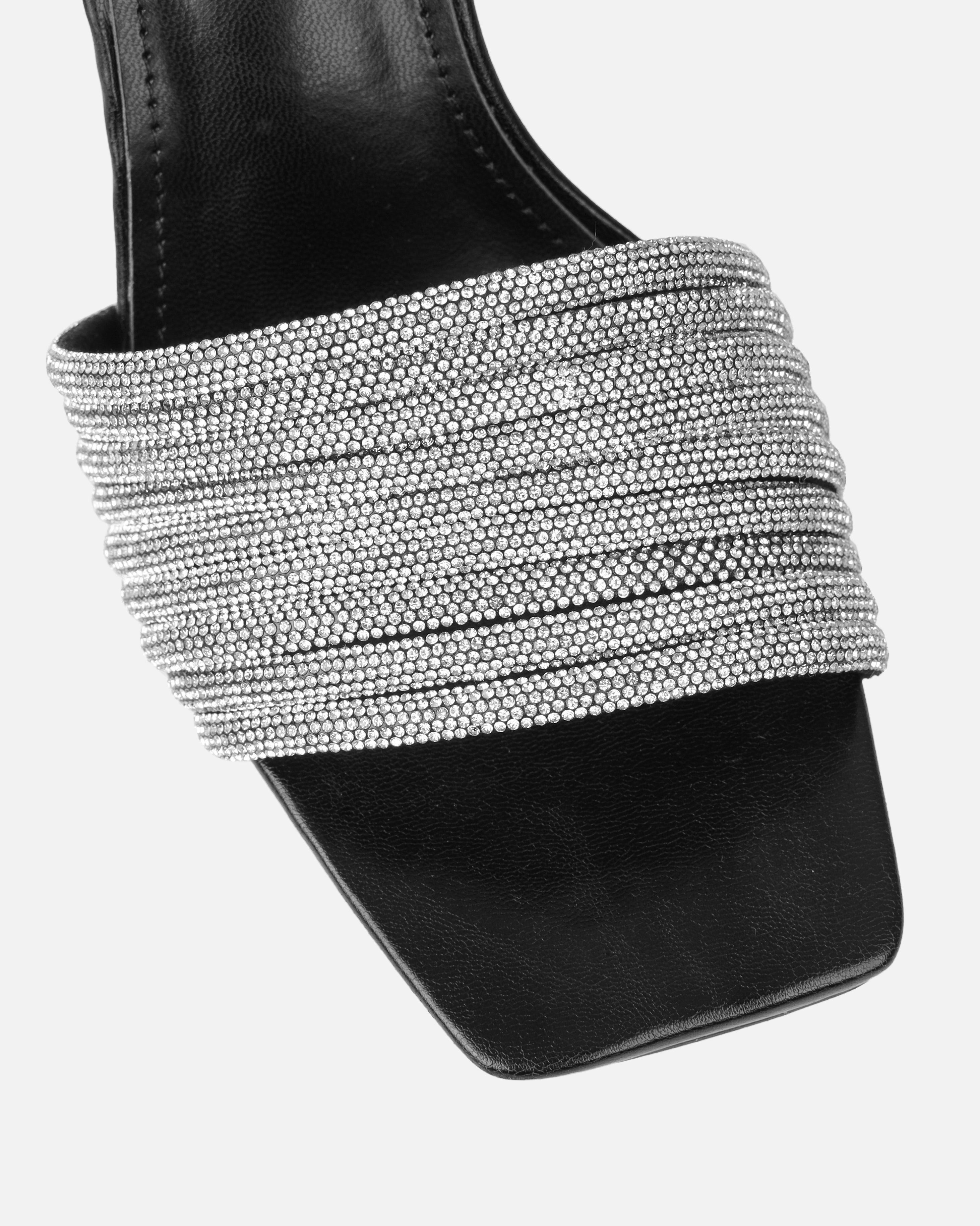 Paisley Black Diamante Strappy Mid Heel Mules