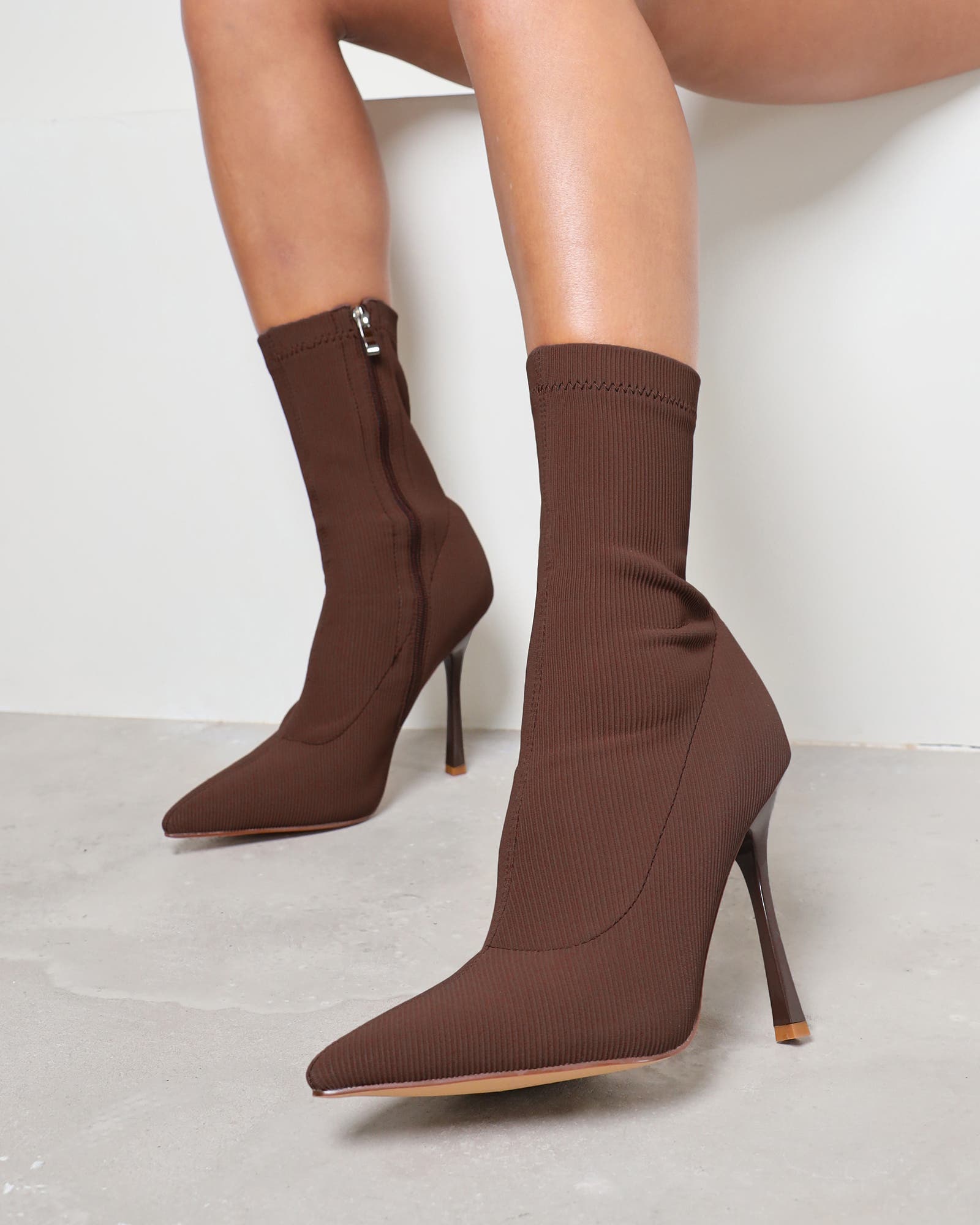 Huntley Chocolate Brown Ribbed Stretch Heeled Boots | SIMMI London Huntley Chocolate Brown Ribbed Stretch Heeled Boots | SIMMI London