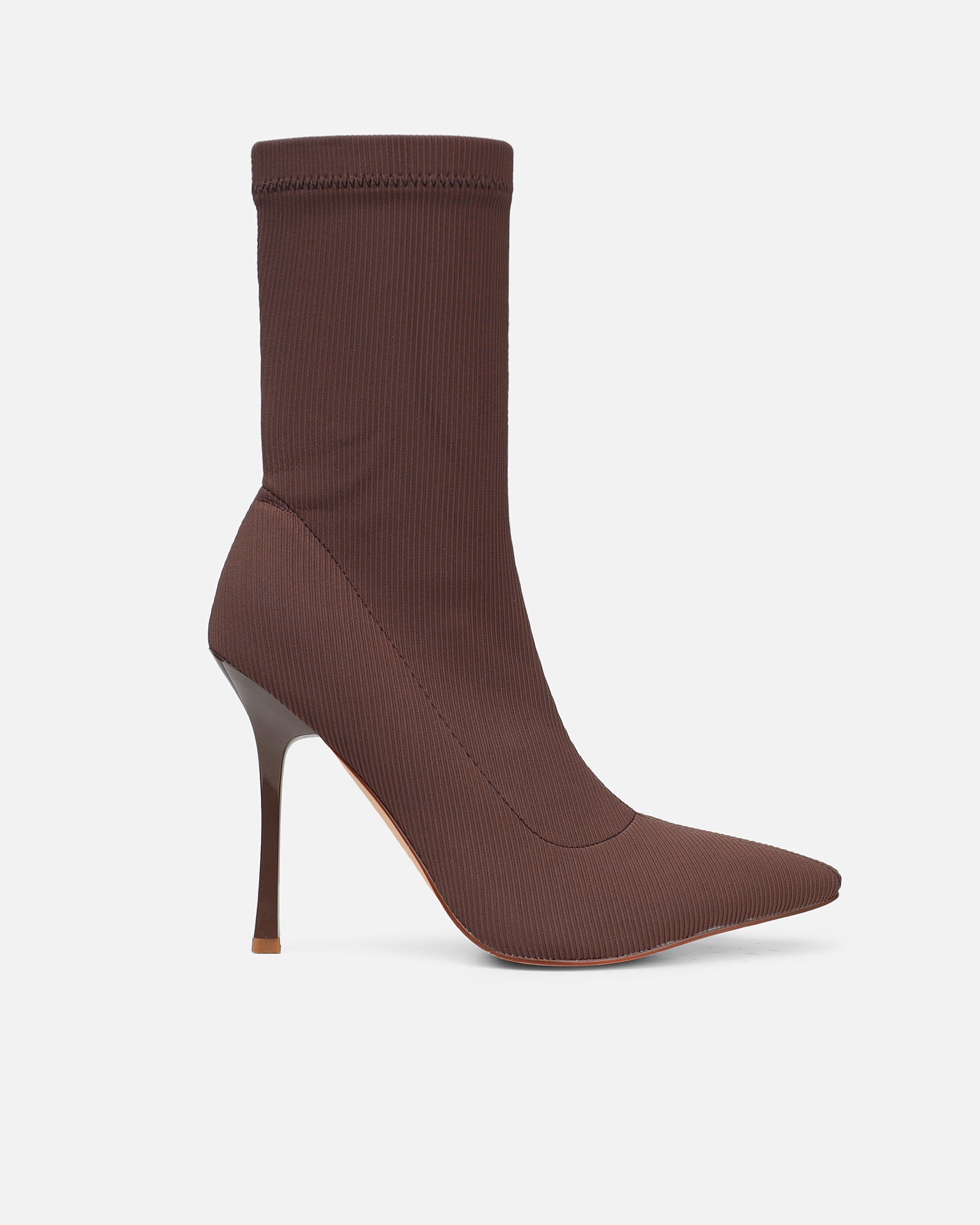 Huntley Chocolate Brown Ribbed Stretch Heeled Boots | SIMMI London