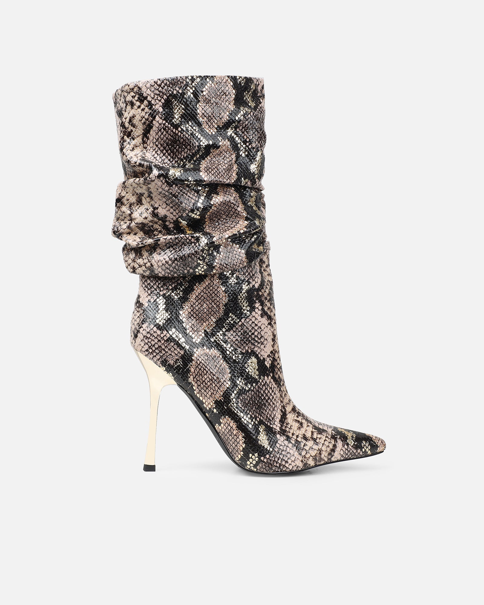 Brette Beige Snake Effect Ruched Heeled Boots | SIMMI London